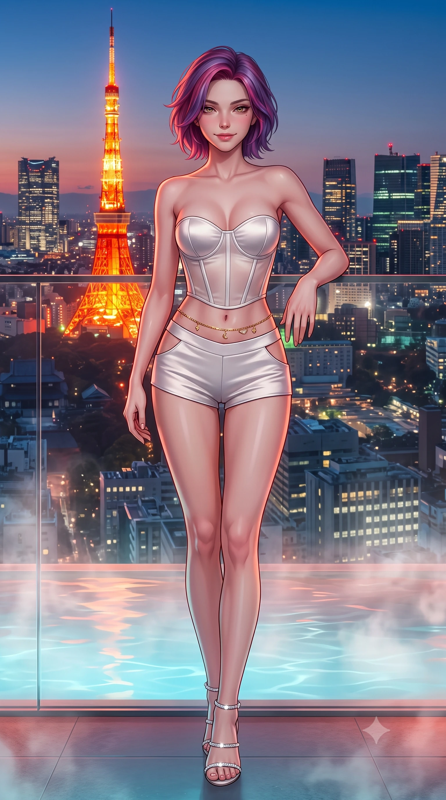 score_9, masterpiece, best quality, ultra-detailed, high-budget anime keyframe, semi-realistic 3D game render, editorial fashion photography, tasteful artistic composition, Caucasian woman. low angle full-body shot from head to toe showing her feet, filling the entire 9:16 vertical frame with her statuesque presence, stretching her vertical silhouette. stepping slowly toward the camera with hypnotic grace, hips swaying in an alluring sensual rhythm that accentuates her curvy hourglass silhouette and long slender legs while leaning against the infinity edge glass barrier with hips cocked back, looking through rising mineral steam toward the blazing orange Tokyo Tower. The surrounding environment is rendered in vivid detail and crisp panoramic clarity: detailed wet-look high-cut monokini cling, delicate gold waist chain shine, and Tokyo skyscraper engineering in razor-sharp precision. She has an absolutely perfect, statuesque 8.5-heads proportion, an exceptionally tall and slender model-like female figure with impossibly long slender legs, an ultra-slim waist, a flat toned midriff, narrow delicate ribcage, and beautifully sculpted feminine hips creating a graceful, slim hourglass silhouette without any bulky heaviness. sharp v-shaped jawline, high-bridge nose, sparkling eyes with hypnotic seductive depth, thick curled eyelashes, glossy parted lips with a natural dewy peach sheen, alluring bedroom-eyes with an enchanting coquettish smile, exuding magnetic siren charisma and sophisticated glamour, flawlessly proportioned anatomical accuracy, strict slender model proportions, natural body alignment, perfectly sculpted long slender limbs, ultra-slim waistline, clean dynamic posture without body distortion. wearing a strapless boned satin corset bodice paired with low-waisted tailored satin hot-pants in pure pearl alabaster with platinum sheen, made of semi-opaque stretch illusion mesh with soft shadowy contours, complemented by strappy stiletto sandals with crystal ankle wraps accentuating her slender calves, the precision-cut side openings and low-back scoop framing her graceful spine and the sensual sweep of her slim, toned hips. bathed in the warm underwater thermal pool glow paired with vivid red-orange neon spill from the illuminated Tokyo Tower. highly saturated vibrant anime colors, detailed shading with soft gradients, rich glossy textures, high-contrast stereoscopic depth, volumetric dynamic lighting, master piece, 9:16 ratio