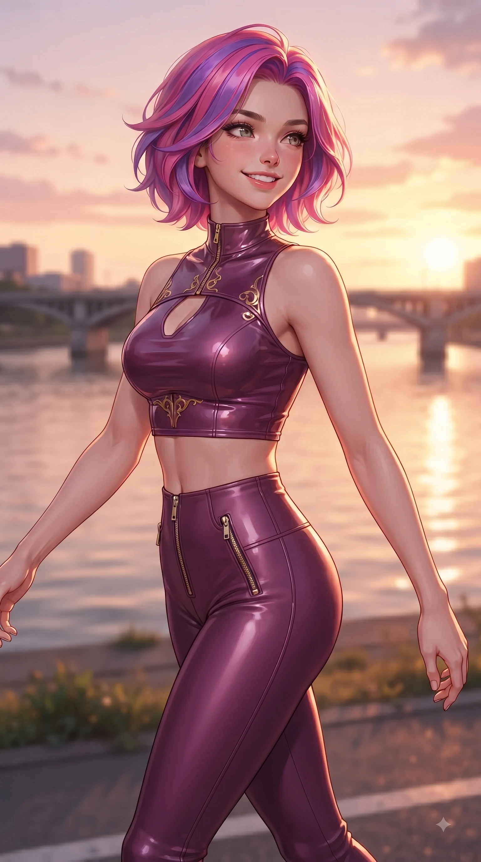 score_9, masterpiece, best quality, ultra-detailed, high-budget anime keyframe, editorial fashion photography, tasteful artistic composition, Caucasian woman. close-up cowboy shot from the waist and thighs up, the character dominates the composition, filling the frame with her large presence, background elements kept in soft focus. Radiant youthful grin reflecting college charm while casting a playful, joyful side-gaze with heavy lashes while pivoting in a happy stride along a riverside cycling path as golden sunset light paints the sky, warm rose-gold and amber sunset light reflecting off calm river waters and city bridges. She has an exceptionally elegant, slender, and willowy female figure with an ultra-slim waist, a gracefully sculpted slender torso, and a refined silhouette. sharp v-shaped jawline, high-bridge nose, intricate jewel-like eyes with depth, thick eyelashes, glossy lips with a natural sheen, flawlessly proportioned anatomical accuracy, natural body alignment, perfectly sculpted elegant limbs, clean dynamic posture without body distortion. wearing a glossy vinyl crop top and high-waist tailored leggings with sleek zippers in plum purple and gold filigree, formed from sleek second-skin neoprene, accented with a Tasteful chest slit framing her clavicle gracefully, the glove-like fit emphasizing her statuesque silhouette during motion. bathed in glorious golden hour sunset sunbeams and warm amber sky radiance. ultra-reflective glossy finish, specular highlights, metallic sheen, high-contrast stereoscopic depth, volumetric dynamic lighting, 2k, ultra detail, master piece, 9:16 ratio