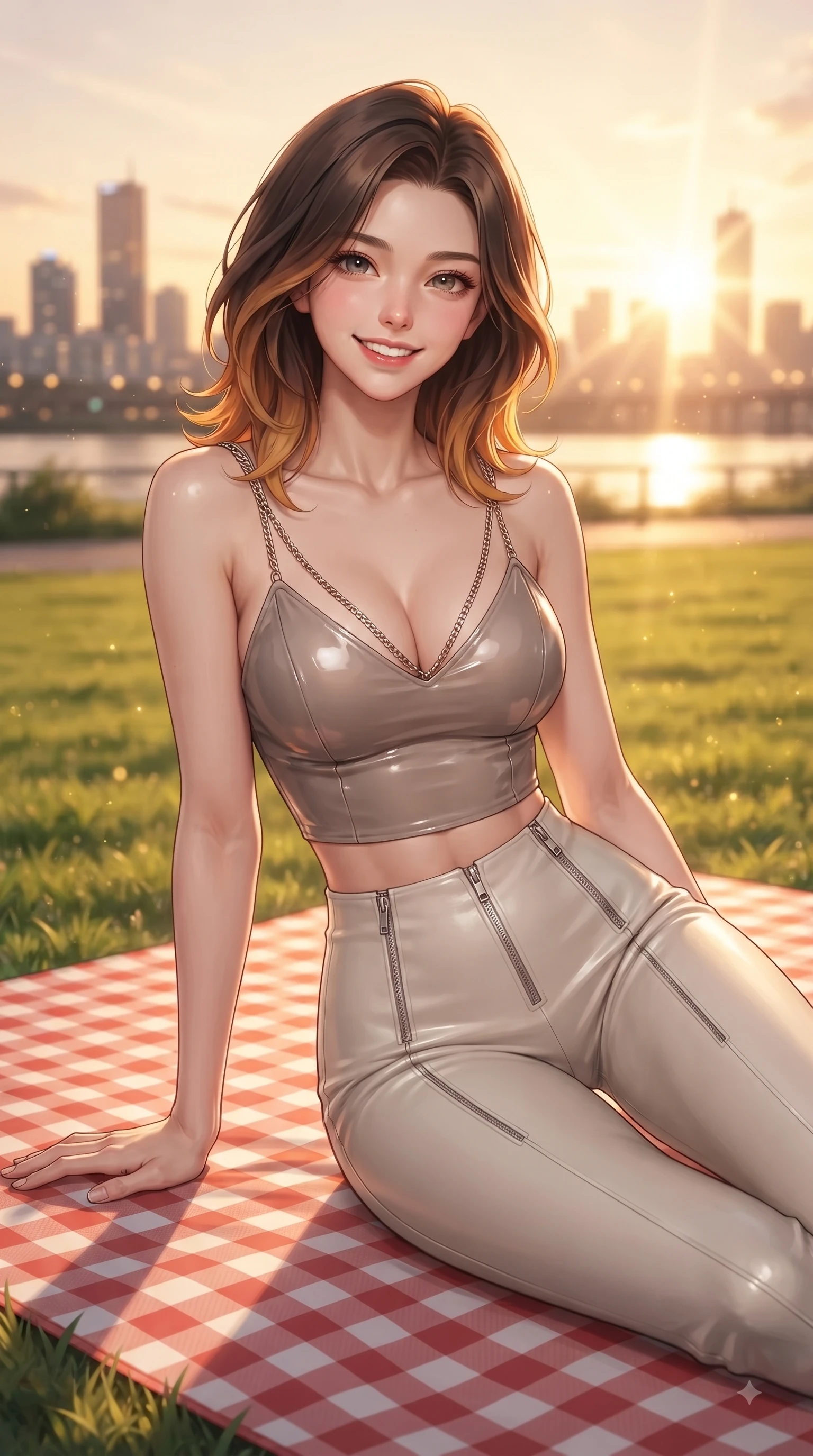 score_9, masterpiece, best quality, ultra-detailed, high-budget anime keyframe, editorial fashion photography, tasteful artistic composition, Korean woman. close-up cowboy shot from the waist and thighs up, the character dominates the composition, filling the frame with her large presence, background elements kept in soft focus. Cheerful beaming smile with sparkling eyes and a fresh girlhood aura, leaning forward with playful grace while sitting playfully on a checkered picnic mat on a green riverfront park lawn at sunset, city skyline silhouettes twinkling softly in the warm sunset glow. She has an exceptionally elegant, slender, and willowy female figure with an ultra-slim waist, a gracefully sculpted slender torso, and a refined silhouette. sharp v-shaped jawline, high-bridge nose, intricate jewel-like eyes with depth, thick eyelashes, glossy lips with a natural sheen, flawlessly proportioned anatomical accuracy, natural body alignment, perfectly sculpted elegant limbs, clean dynamic posture without body distortion. wearing a glossy vinyl crop top and high-waist tailored leggings with sleek zippers in muted taupe and soft ivory, made of fine carbon-fiber weave and soft matte leather, adorned with delicate metallic chain straps along the neckline, the glove-like fit emphasizing her statuesque silhouette during motion. bathed in glorious golden hour sunset sunbeams and warm amber sky radiance. ultra-reflective glossy finish, specular highlights, metallic sheen, high-contrast stereoscopic depth, volumetric dynamic lighting, 2k, ultra detail, master piece, 9:16 ratio