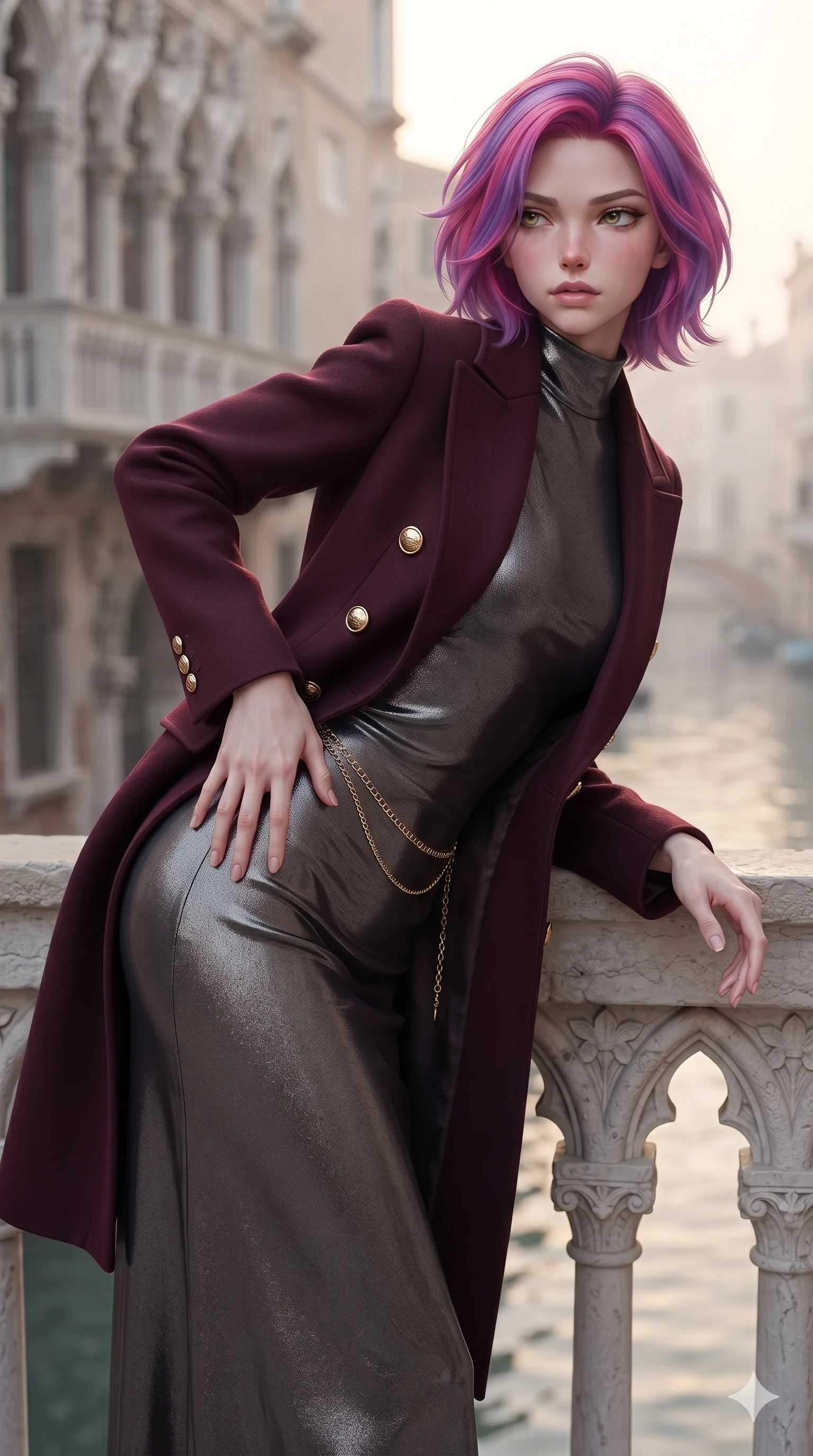 score_9, masterpiece, best quality, ultra-detailed, high-budget anime keyframe, editorial fashion photography, tasteful artistic composition, Caucasian woman. close-up cowboy shot from the waist and thighs up, the character dominates the composition, filling the frame with her large presence. arching her spine backward with effortless dancer poise, one hand sliding along her hip line as directional light carves specular highlights along her silhouette while leaning forward over the carved stone gothic balustrade with hips cocked back, looking back with sleepy seductive bedroom-eyes as water reflections dance across her silhouette. The background shows a soft-focus Venetian canal dawn haze softened in gothic palazzo balcony shallow focus. She has an exceptionally elegant, slender, and willowy female figure with an ultra-slim waist, flat toned midriff, narrow ribcage, and sculpted feminine hips creating an alluring, slim hourglass silhouette without bulk. sharp v-shaped jawline, high-bridge nose, intricate jewel-like sparkling eyes with depth, thick eyelashes, glossy parted lips with a natural sheen, intensely captivating and seductive bedroom-eyes expression, exuding both youthful cute charm and sovereign luxury allure, flawlessly proportioned anatomical accuracy, strict slender model proportions, natural body alignment, perfectly sculpted long slender limbs, ultra-slim waistline, clean dynamic posture without body distortion. wearing a structured Belle Époque cashmere opera greatcoat with polished brass crest buttons layered over a high-neck slip in deep wine burgundy and brushed dark platinum, crafted from luxurious metallic lamé that shifts radiance with every step, accented with a delicate gold chain belt resting loosely on her curvy hips, the impeccably tailored cut draping gracefully along her slender figure with aristocratic poise. bathed in the soft romantic 2800K dawn light reflecting off the tranquil canal waters with delicate warm golden highlights. ultra-reflective glossy finish, specular highlights, rich textural contrasts, high-contrast stereoscopic depth, volumetric dynamic lighting, 2k, ultra detail, master piece, 9:16 ratio