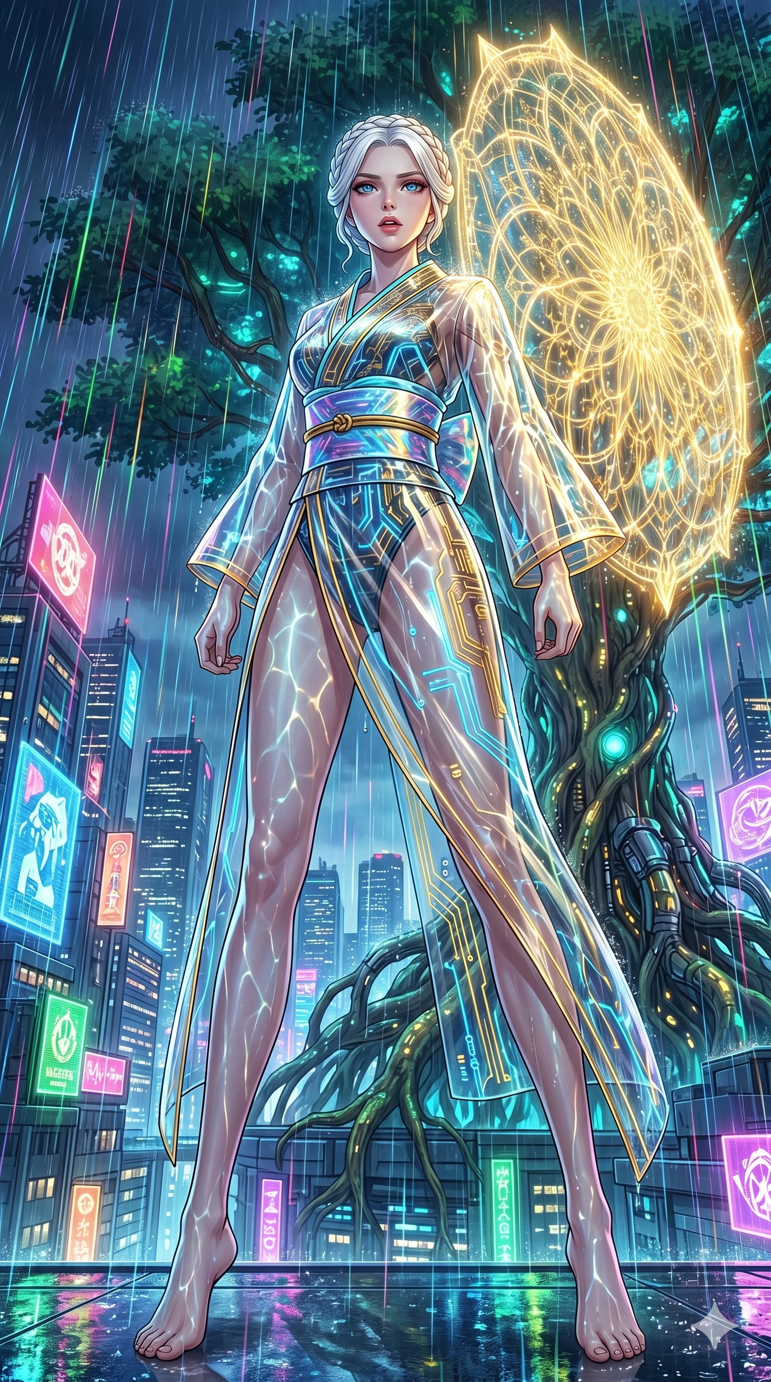 score_9, masterpiece, best quality, ultra-detailed, High-budget Anime Keyframe, vibrant colors, fluid line-art, expressive lighting, cinematic composition, Ufotable-style visual effects, top-tier animation quality, Japanese woman with delicate and elegant anime-inspired features. Low angle cowboy shot filling the entire 9:16 frame with her statuesque presence, looking up to emphasize her height. Protecting a sacred world-tree with her own life-force, a golden shield expanding from her heart to cover the forest. She has an absolutely perfect 8-heads proportion, an exceptionally tall and slender female figure with impossibly long slender legs and an ultra-slim waist, her statuesque height and towering silhouette dominating the vertical 9:16 frame. Her face is a masterpiece featuring a sharp v-shaped jawline, high-bridge nose, intricate jewel-like eyes with depth, thick eyelashes, and glossy lips with a natural sheen. She is wearing a High-slit tech-kimono with holographic obi and integrated neon-lit circuitry patterns crafted from Transparent PVC with a high-gloss finish that reveals the intricate layers beneath, featuring a crystalline structure that catches the light and reveals her slender frame. The scene is set in a sprawling cyberpunk metropolis in heavy rain with vibrant neon glows reflecting on every surface, illuminated by underwater caustic lighting with ripples of light dancing across her body. 2k, ultra detail, master piece, 9:16 ratio