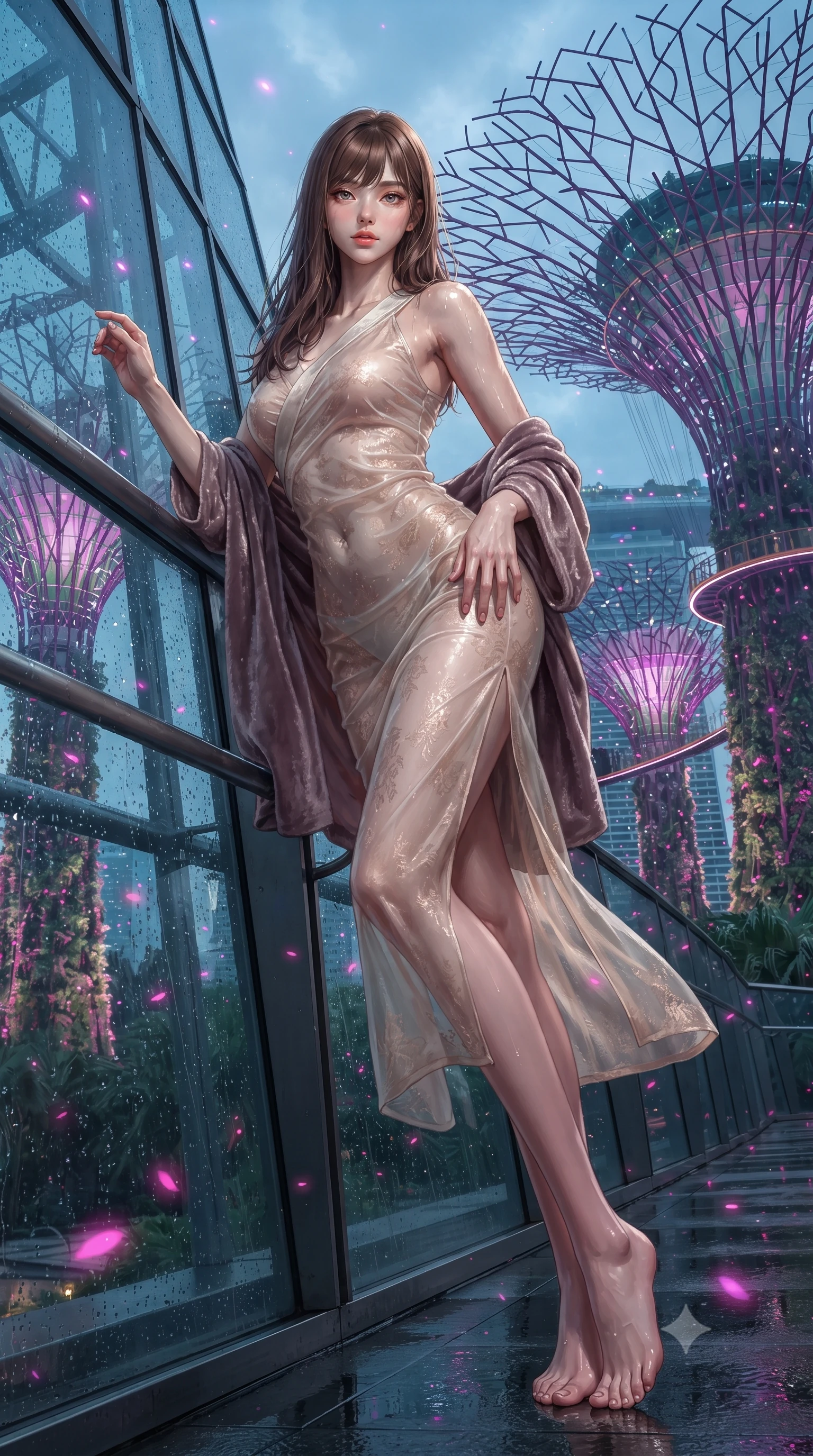 score_9, masterpiece, best quality, ultra-detailed, high-budget anime keyframe, editorial fashion photography, tasteful artistic composition, Korean woman. low angle full-body shot from head to toe showing her feet, filling the entire 9:16 vertical frame with her statuesque presence, stretching her vertical silhouette. leaning deep against the structural architecture with hips cocked in an unapologetically bold, seductive high-fashion stance while striding along the elevated glass skyway woven between giant glowing biomimetic supertrees, arching her back as luminous magenta spores drift through the humid evening air. The surrounding environment is rendered in vivid detail and crisp panoramic clarity. detailed dress fabric sheen, neon reflection clarity, and futuristic Singapore skyline in high resolution. She has an exceptionally tall and slender model-like 8.5-heads proportion, an ultra-slim waist, a flat toned midriff, narrow delicate ribcage, and beautifully sculpted feminine hips creating a graceful, slim hourglass silhouette without any bulky heaviness, with impossibly long slender legs. sharp v-shaped jawline, high-bridge nose, intricate jewel-like eyes with depth, thick eyelashes, glossy parted lips with a natural sheen, intensely captivating and seductive bedroom-eyes expression, flawlessly proportioned anatomical accuracy, strict slender model proportions, natural body alignment, perfectly sculpted long slender limbs, ultra-slim waistline, clean dynamic posture without body distortion. wearing a delicate semi-translucent silk yukata that clings to her wet skin and curvy hip contours in vintage champagne ivory and delicate rose gold, woven from layered gossamer chiffon with a weightless sweeping drape, complemented by a plush velvet shawl draped loosely over her elbows, the second-skin form-contouring cut accentuating her sculpted flat midriff, narrow delicate ribcage, and gracefully curvy hips with supermodel precision. illuminated by wet glass specular reflections sculpting her razor-sharp jawline, narrow waist, and curvy hips. ultra-reflective glossy finish, specular highlights, rich textural contrasts, high-contrast stereoscopic depth, volumetric dynamic lighting, 2k, ultra detail, master piece, 9:16 ratio