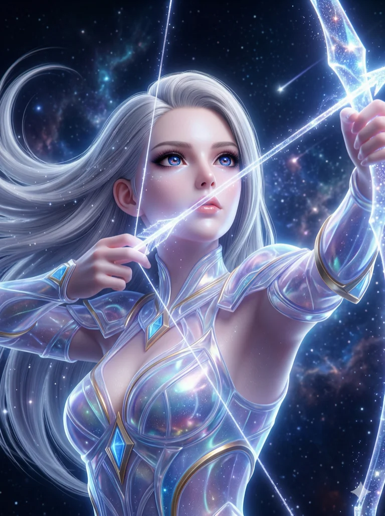 score_9, masterpiece, best quality, ultra-detailed, stylized game character render, an incredibly beautiful ethereal Caucasian woman with flawless pale skin (strictly human ears). Close-up portrait filling more than half of the frame. She is a celestial archer aiming at a shooting star, her bow made of pure starlight. She has an absolutely perfect 8-heads proportion, an exceptionally tall female figure with a delicate skinny figure. Her face is a highly detailed masterpiece featuring a v-shaped jawline, high-bridge nose, intricate jewel-like eyes, thick eyelashes, and glossy lips. She has silver flowing hair like a comet tail. She is wearing a form-fitting translucent plastic armor, highlighting her alluring silhouette. Cosmic dust and glowing starfield, dramatic rim lighting, radiant glowing skin, cinematic dynamic light, 2k, ultra detail, master piece, 3:4 ratio