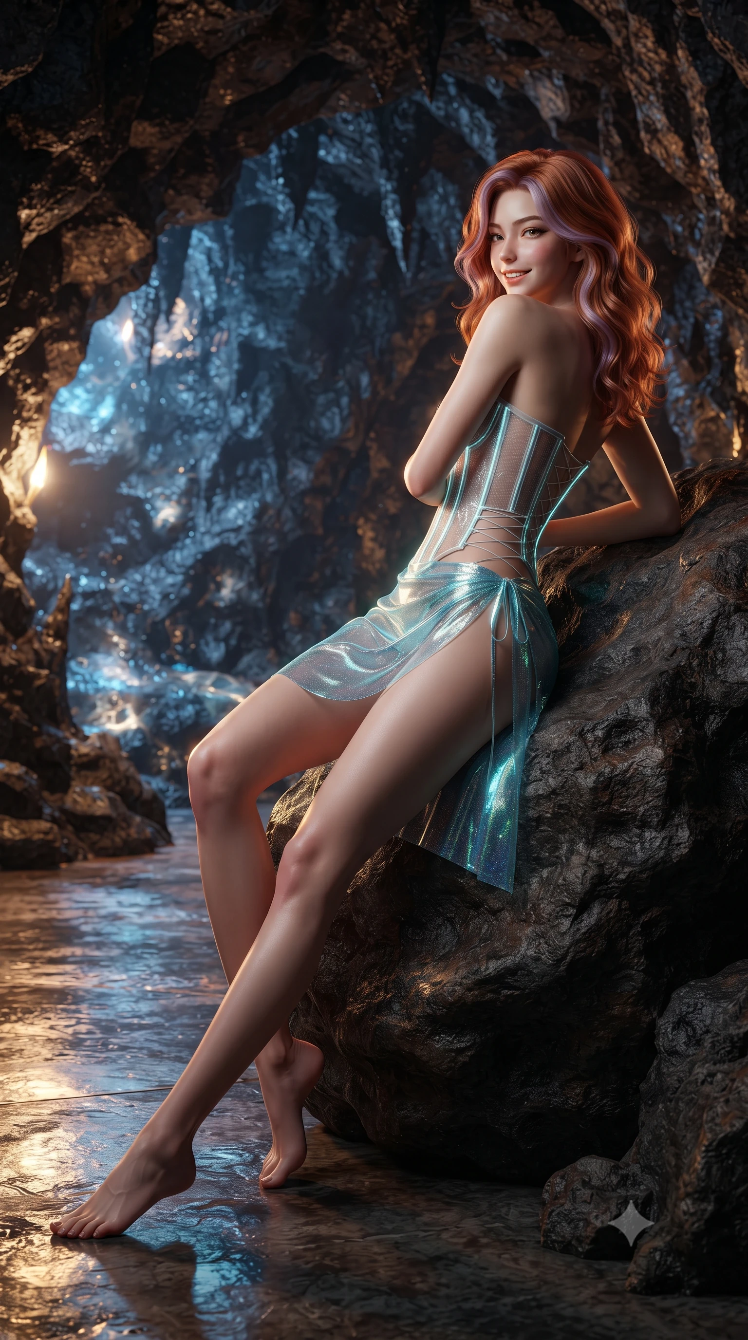 score_9, masterpiece, best quality, ultra-detailed, high-budget anime keyframe, editorial fashion photography, tasteful artistic composition, Caucasian woman. low angle full-body shot from head to toe showing her feet, filling the entire 9:16 vertical frame with her statuesque presence, stretching her vertical silhouette. walking along the terrace with poise, looking back over her bare shoulder with an irresistible smoldering bedroom-gaze while lounging back into the natural rock seat propped on one elbow with legs extended, her statuesque hourglass silhouette commanding the grotto. The surrounding environment is rendered in vivid detail and crisp panoramic clarity: detailed gossamer sheer mesh slip dress, delicate gold embroidery, and volcanic cave stonework in razor-sharp precision. She has an exceptionally tall and slender model-like 8.5-heads proportion, an ultra-slim waist, a flat toned midriff, narrow delicate ribcage, and beautifully sculpted feminine hips creating a graceful, slim hourglass silhouette without any bulky heaviness, with impossibly long slender legs. sharp v-shaped jawline, high-bridge nose, intricate jewel-like sparkling eyes with depth, thick eyelashes, glossy parted lips with a natural peach sheen, bright cheerful beaming smile with an enchanting and coquettish sensual glint, exuding both youthful cute charm and seductive allure, flawlessly proportioned anatomical accuracy, strict slender model proportions, natural body alignment, perfectly sculpted long slender limbs, ultra-slim waistline, clean dynamic posture without body distortion. wearing a sculpted underwire cyber-corset in translucent tech-tulle with illuminated boning channels paired with a sheer mini skirt in Neo-Carthage holographic cyan and solar chrome, woven from stretch metallic lurex jersey casting radiant starlight glints across her curves, featuring fine criss-cross lace-up side ties revealing tantalizing glimpses of her hip curve, the high-slit wrap tailoring accentuating her ultra-slim waistline and the enchanting curve of her feminine hips with alluring seductive charm. illuminated by thermal spring caustics bounce and sharp flame-gold rim lights sculpting her jawline, narrow waist, and curvy hips. ultra-reflective glossy finish, specular highlights, rich textural contrasts, high-contrast stereoscopic depth, volumetric dynamic lighting, 2k, ultra detail, master piece, 9:16 ratio