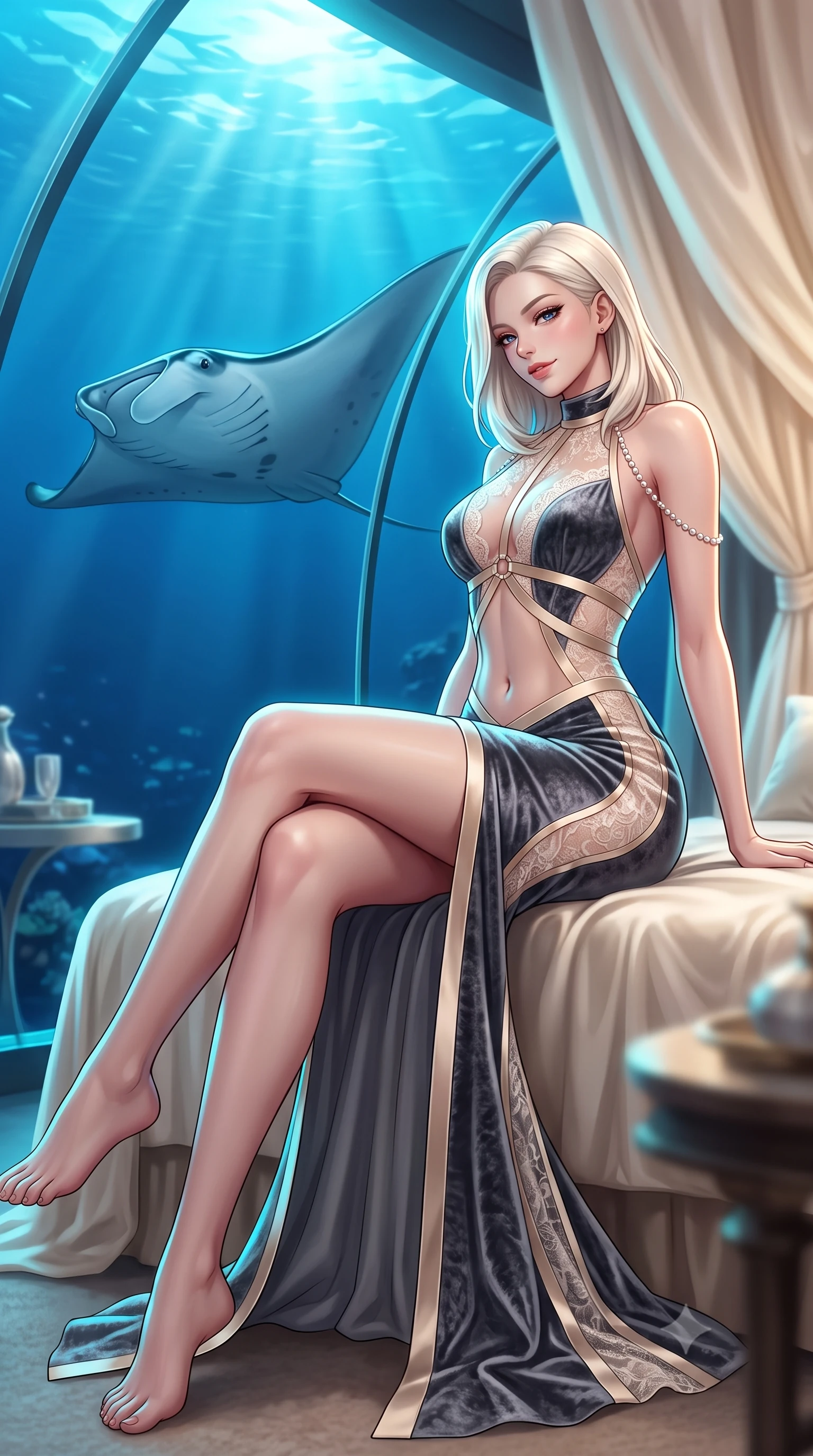 score_9, masterpiece, best quality, ultra-detailed, high-budget anime keyframe, semi-realistic 3D game render, editorial fashion photography, tasteful artistic composition, Caucasian woman. low angle full-body shot from head to toe showing her feet, filling the entire 9:16 vertical frame with her statuesque presence, stretching her vertical silhouette. lounging on the lavish daybed with legs crossed and hips angled toward the camera, displaying her toned midriff and long slender limbs with effortless siren poise while leaning against the massive curved acrylic window with hips cocked back, looking through deep blue water as a giant manta ray glides past with bedroom-eyes. The background shows a soft-focus interior silk bed drapes softened in avant-garde sub-aquatic luxury shallow focus. She has an absolutely perfect, statuesque 8.5-heads proportion, an exceptionally tall and slender model-like female figure with impossibly long slender legs, an ultra-slim waist, a flat toned midriff, narrow delicate ribcage, and beautifully sculpted feminine hips creating a graceful, slim hourglass silhouette without any bulky heaviness. sharp v-shaped jawline, high-bridge nose, sparkling eyes with hypnotic seductive depth, thick curled eyelashes, glossy parted lips with a natural dewy peach sheen, alluring bedroom-eyes with an enchanting coquettish smile, exuding magnetic siren charisma and sophisticated glamour, flawlessly proportioned anatomical accuracy, strict slender model proportions, natural body alignment, perfectly sculpted long slender limbs, ultra-slim waistline, clean dynamic posture without body distortion. wearing a provocative high-neck sheer illusion cocktail dress with liquid satin ribbons contouring her curves in Austrian royal ivory and champagne lace, tailored from ultra-plush velvet with rich tactile depth and deep shadow gradients, accented with a pearl-drop body harness subtly framing her dewy collarbones and spine, the liquid-tight tailored fabric clinging flawlessly to her narrow waist and rounded feminine hips, emphasizing every millimeter of her sculpted slim hourglass curves without any bulky heaviness. illuminated by dome acrylic reflection fill and sharp electric-cyan rim lights sculpting her jawline, flat midriff, and voluptuous hip curves. highly saturated vibrant anime colors, detailed shading with soft gradients, rich glossy textures, high-contrast stereoscopic depth, volumetric dynamic lighting, master piece, 9:16 ratio