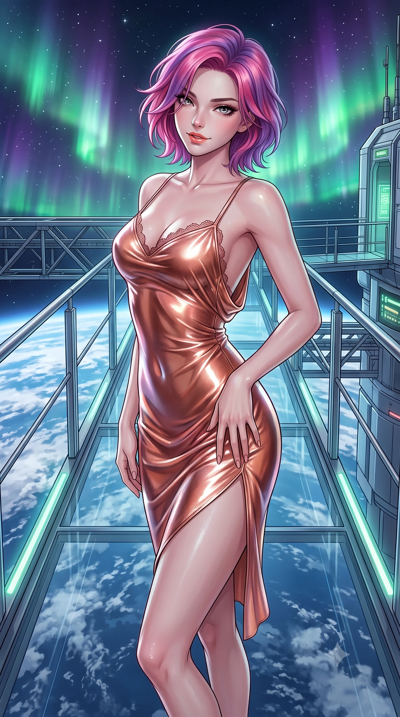 score_9, masterpiece, best quality, ultra-detailed, high-budget anime keyframe, semi-realistic 3D game render, editorial fashion photography, tasteful artistic composition, Caucasian woman. close-up cowboy shot from the waist and thighs up, the character dominates the composition, filling the frame with her large presence. tilting her head with a teasing half-smile, running one hand slowly down the side of her hip in a flirtatious S-curve as ambient light caresses her silhouette while standing poised on the completely transparent cantilevered catwalk directly above swirling blue ocean clouds of Earth, arching her back with breathless anime heroine charisma. The surrounding environment is rendered in vivid detail and crisp panoramic clarity: detailed anime keyframe lines, rich glossy textures, and cutting-edge orbital station structure in razor-sharp precision. She has an exceptionally elegant, slender, and willowy female figure with an ultra-slim waist, flat toned midriff, narrow ribcage, and sculpted feminine hips creating an alluring, slim hourglass silhouette without bulk. sharp v-shaped jawline, high-bridge nose, intricate jewel-like sparkling eyes with depth, thick eyelashes, glossy parted lips with a natural peach sheen, bright cheerful beaming smile with an enchanting and coquettish sensual glint, exuding both youthful cute charm and seductive allure, flawlessly proportioned anatomical accuracy, strict slender model proportions, natural body alignment, perfectly sculpted long slender limbs, ultra-slim waistline, clean dynamic posture without body distortion. wearing a form-contouring gossamer silk chiffon slip dress with a hip-high slit and open cowl back clinging with dewy moisture in high-gloss rose-gold and burnished copper, crafted from stretch micro-mesh with liquid foil coating that shimmers with every movement, finished with scalloped eyelash lace trim framing her sweetheart neckline with intimate elegance, the bespoke structured tailoring following the natural line of her 8.5-heads silhouette with refined elegance. bathed in iridescent green and purple polar aurora luminescence mixed with crisp white starlight. highly saturated vibrant anime colors, detailed shading with soft gradients, rich glossy textures, high-contrast stereoscopic depth, volumetric dynamic lighting, master piece, 9:16 ratio