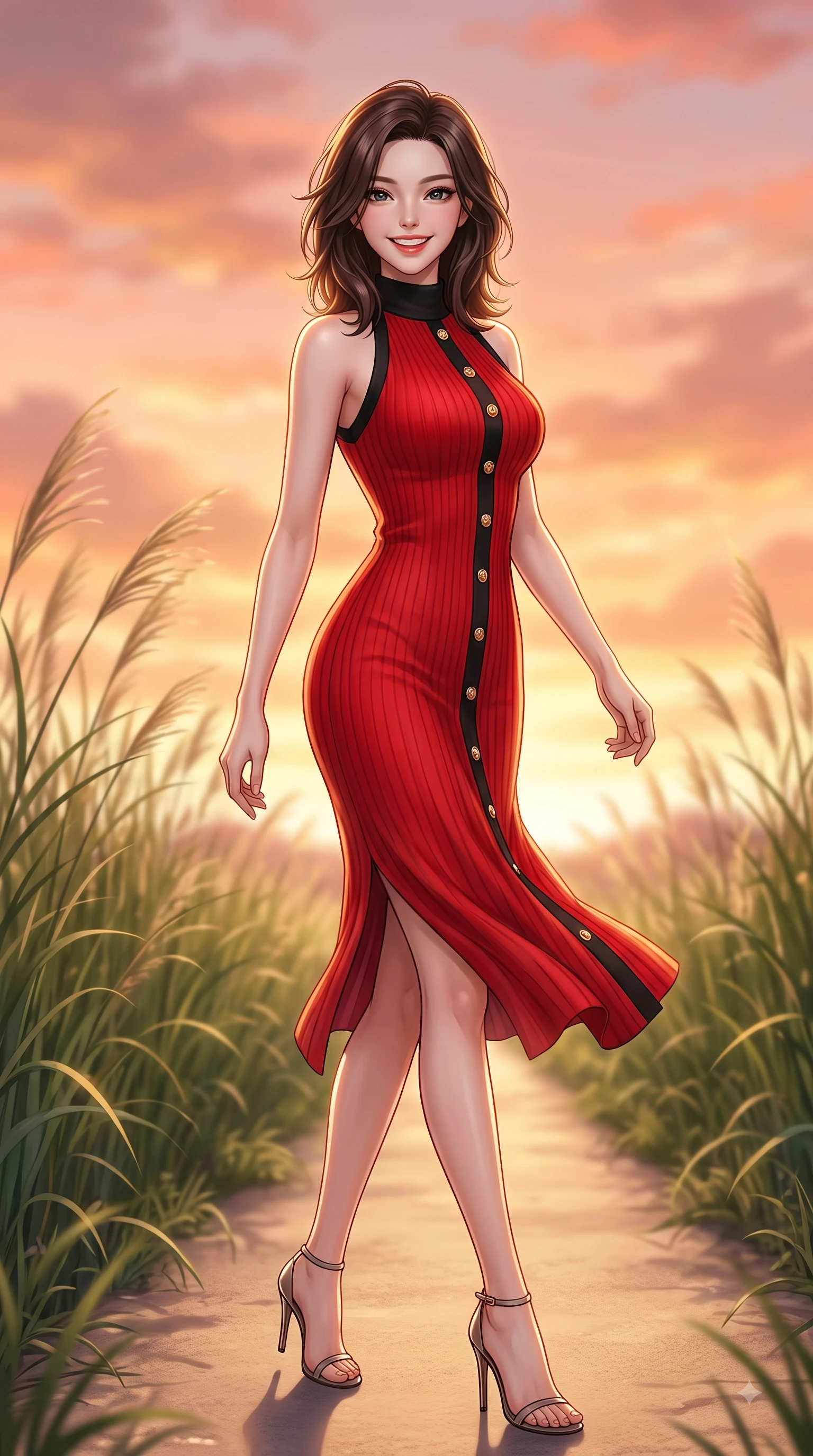 score_9, masterpiece, best quality, ultra-detailed, high-budget anime keyframe, editorial fashion photography, tasteful artistic composition, Korean woman. low angle full-body shot from head to toe showing her feet, filling the entire 9:16 vertical frame with her statuesque presence, stretching her vertical silhouette. performing a cheerful mid-motion turn with flawless poise, her radiant smile capturing fresh girlhood energy while walking cheerfully along a park pathway bordered by swaying grass as sunset light paints the sky. The composition keeps background elements in soft focus with dreamy bokeh. swaying park grasses and sunset sky gradients softened in dreamy background focus. She has an absolutely perfect, statuesque 8.5-heads proportion, an exceptionally tall and slender model-like female figure with impossibly long slender legs and an ultra-slim waist. sharp v-shaped jawline, high-bridge nose, intricate jewel-like eyes with depth, thick eyelashes, glossy lips with a natural sheen, flawlessly proportioned anatomical accuracy, natural body alignment, perfectly sculpted elegant limbs, clean dynamic posture without body distortion. wearing a high-neck sleeveless ribbed knit dress following her statuesque figure like a glove in vibrant scarlet red and sleek black trim, crafted from lightweight fluid chiffon, adorned with delicate gold buttons along the front, the form-contouring material highlighting her ultra-slim waist and long lines. illuminated by soft glowing sunset reflections with cheerful golden rim lights. highly saturated vibrant anime colors, detailed shading with soft gradients, rich glossy textures, high-contrast stereoscopic depth, volumetric dynamic lighting, master piece, 9:16 ratio
