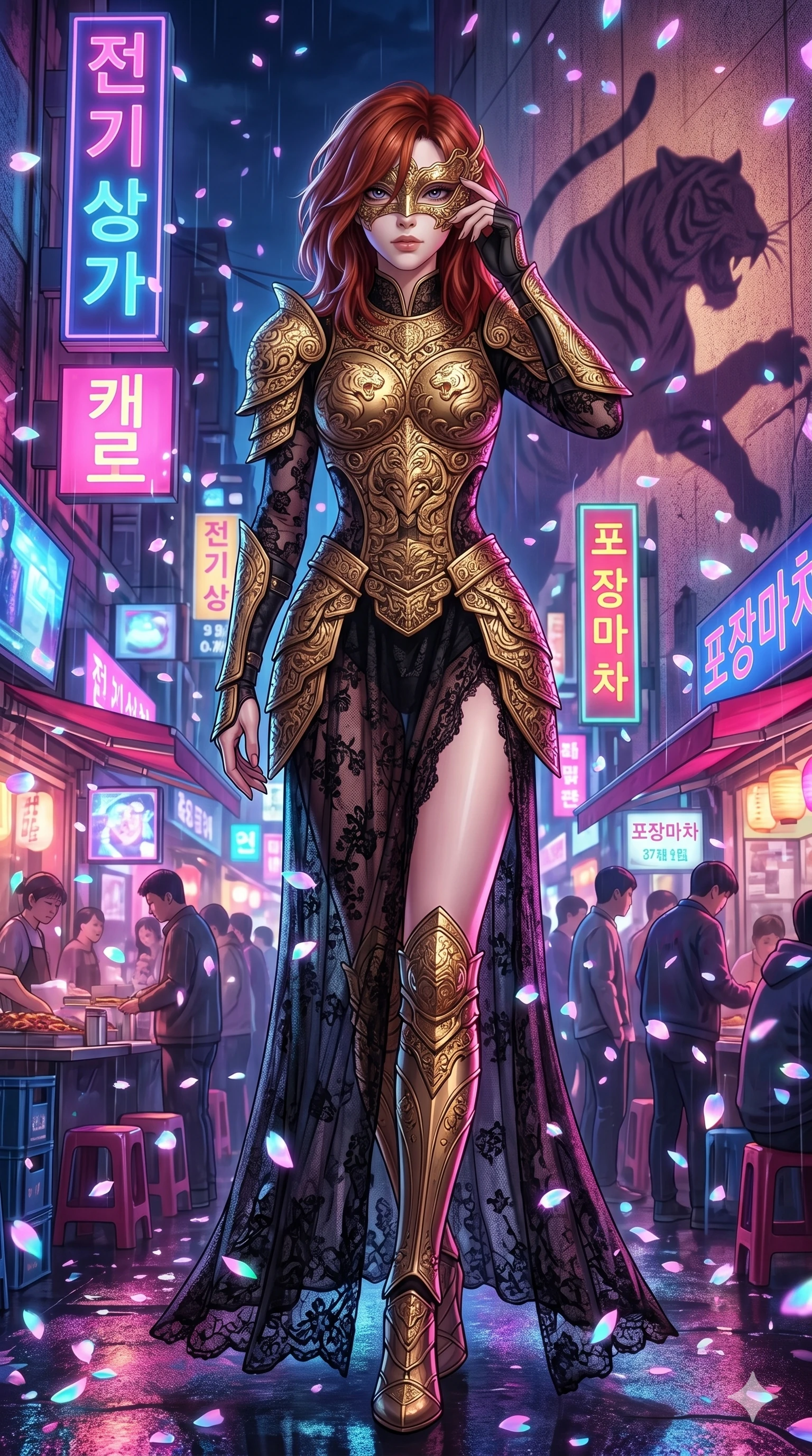score_9, masterpiece, best quality, ultra-detailed, Set A: High-budget Anime Keyframe, Caucasian (strictly human ears) woman. Low angle cowboy shot filling the entire 9:16 frame with her statuesque presence. Adjusting a mask through a neon-lit Neo-Seoul market, while her shadow mimics the movements of a predator 5 and surrounded by digital sakura petals. She has an absolutely perfect 8-heads proportion, an exceptionally tall and slender female figure with impossibly long slender legs and an ultra-slim waist. Sharp v-shaped jawline, high-bridge nose, intricate jewel-like eyes with depth, thick eyelashes, glossy lips with a natural sheen. Wearing Ornate gold plate armor over a sheer black lace gown with a high-slit. Cinematic lighting, vibrant colors, dramatic shadows, 2k, ultra detail, master piece, 9:16 ratio