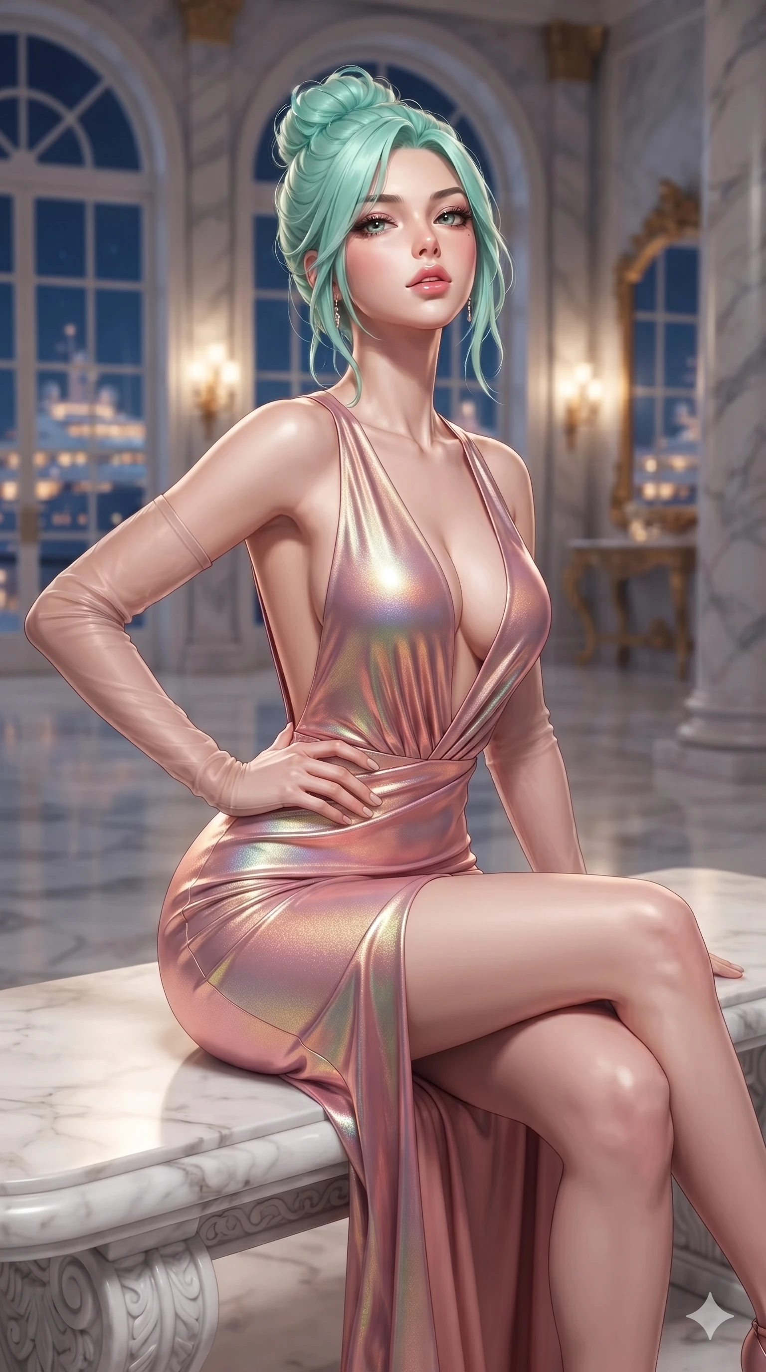 score_9, masterpiece, best quality, ultra-detailed, high-budget anime keyframe, editorial fashion photography, tasteful artistic composition, Japanese woman. close-up cowboy shot from the waist and thighs up, the character dominates the composition, filling the frame with her large presence. tilting her chin up with proud, sovereign allure while gazing through thick eyelashes, one hand resting on her waist in pure supermodel charisma while sitting gracefully on the carved marble bench with legs crossed, her statuesque 8.5-heads silhouette commanding the grand palace foyer. The composition keeps background elements in soft focus with creamy bokeh: towering arched windows revealing illuminated Mediterranean yachts, gilded pier mirrors, and fluted marble pillars blurred into sapphire, gold, and aquamarine bokeh. She has an exceptionally elegant, slender, and willowy female figure with an ultra-slim waist, flat toned midriff, narrow ribcage, and sculpted feminine hips creating an alluring, slim hourglass silhouette without bulk. sharp v-shaped jawline, high-bridge nose, intricate jewel-like eyes with depth, thick eyelashes, glossy parted lips with a natural sheen, intensely captivating and seductive bedroom-eyes expression, flawlessly proportioned anatomical accuracy, strict slender model proportions, natural body alignment, perfectly sculpted long slender limbs, ultra-slim waistline, clean dynamic posture without body distortion. wearing a liquid-silk jersey evening gown with an ultra-deep plunging open back descending to the base of her spine and a sculpted hip-hugging skirt in prismatic rose-quartz and alien peach, crafted from luxurious metallic lamé that shifts radiance with every step, complemented by sheer opera-length evening gloves tracing her slender arms, the high-slit wrap tailoring accentuating her ultra-slim waistline and the enchanting curve of her feminine hips with alluring seductive charm. sharp directional spotlights sculpting her razor-sharp jawline, narrow waist, and curvy hips. ultra-reflective glossy finish, specular highlights, rich textural contrasts, high-contrast stereoscopic depth, volumetric dynamic lighting, 2k, ultra detail, master piece, 9:16 ratio