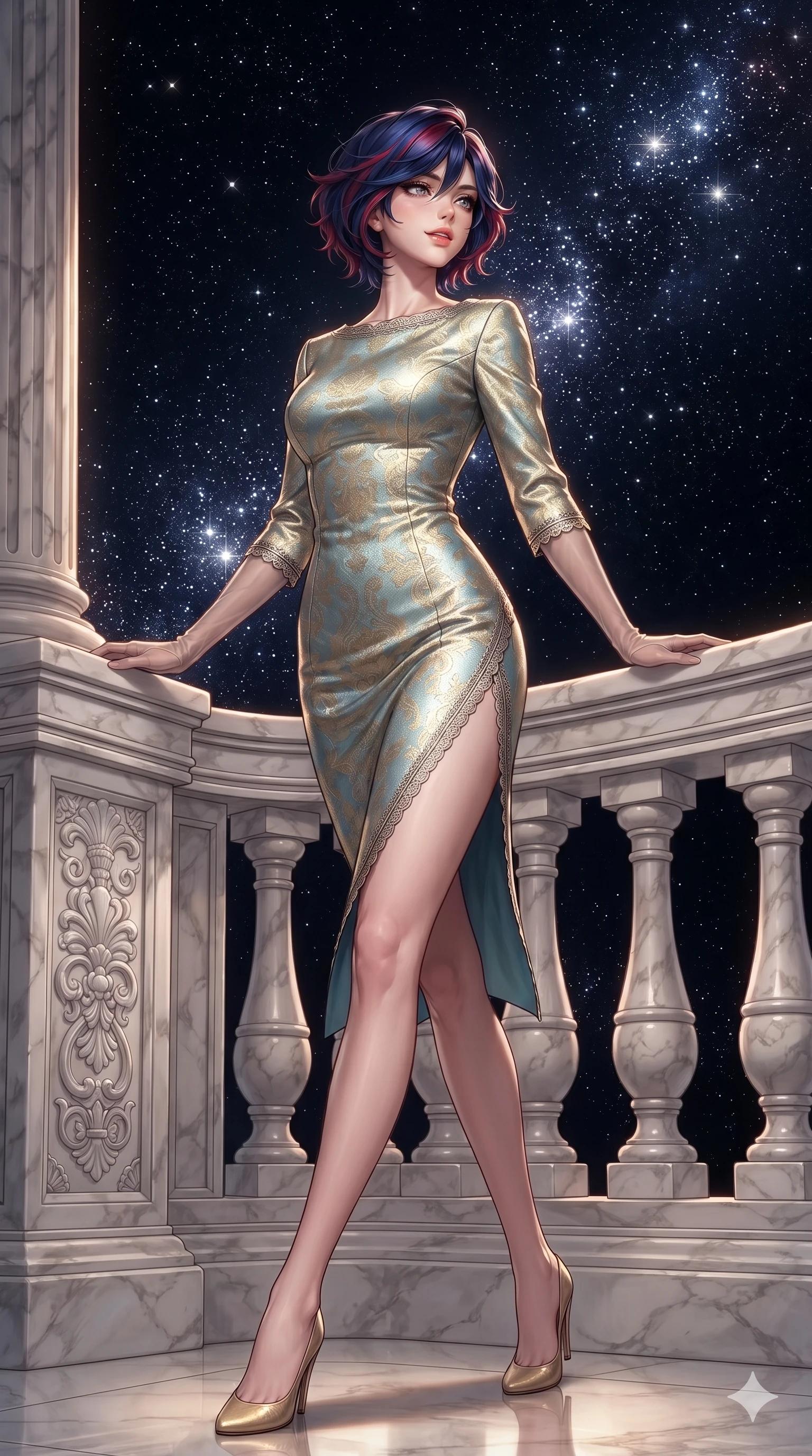 score_9, masterpiece, best quality, ultra-detailed, high-budget anime keyframe, editorial fashion photography, tasteful artistic composition, Korean woman. low angle full-body shot from head to toe showing her feet, filling the entire 9:16 vertical frame with her statuesque presence, stretching her vertical silhouette. stepping forward in a confident stride, her long slender legs and curvaceous hips creating a dynamic, sweeping vertical line while leaning against the carved marble balustrade with hips cocked back, looking through the deep midnight void at dense star clusters with intoxicating smoldering bedroom-eyes. The surrounding environment is rendered in vivid detail and crisp panoramic clarity: detailed evening dress tailoring, fine metallic lace trim, and monumental neoclassical celestial architecture in high resolution. She has an exceptionally tall and slender model-like 8.5-heads proportion, an ultra-slim waist, a flat toned midriff, narrow delicate ribcage, and beautifully sculpted feminine hips creating a graceful, slim hourglass silhouette without any bulky heaviness, with impossibly long slender legs. sharp v-shaped jawline, high-bridge nose, intricate jewel-like sparkling eyes with depth, thick eyelashes, glossy parted lips with a natural peach sheen, bright cheerful beaming smile with an enchanting and coquettish sensual glint, exuding both youthful cute charm and seductive allure, flawlessly proportioned anatomical accuracy, strict slender model proportions, natural body alignment, perfectly sculpted long slender limbs, ultra-slim waistline, clean dynamic posture without body distortion. wearing an aristocratic gold-leaf jacquard brocade shift dress with high boat neckline and bracelet sleeves in glacial aurora cyan and starlight silver, crafted from bespoke double-faced cashmere with an exceptionally soft tactile finish, complemented by sheer opera-length evening gloves tracing her slender arms, the impeccably tailored cut draping gracefully along her slender figure with aristocratic poise. bathed in the unpolluted brilliant diamond sparkle of deep space starlight mixed with soft warm 2800K balcony edge lighting. ultra-reflective glossy finish, specular highlights, rich textural contrasts, high-contrast stereoscopic depth, volumetric dynamic lighting, 2k, ultra detail, master piece, 9:16 ratio