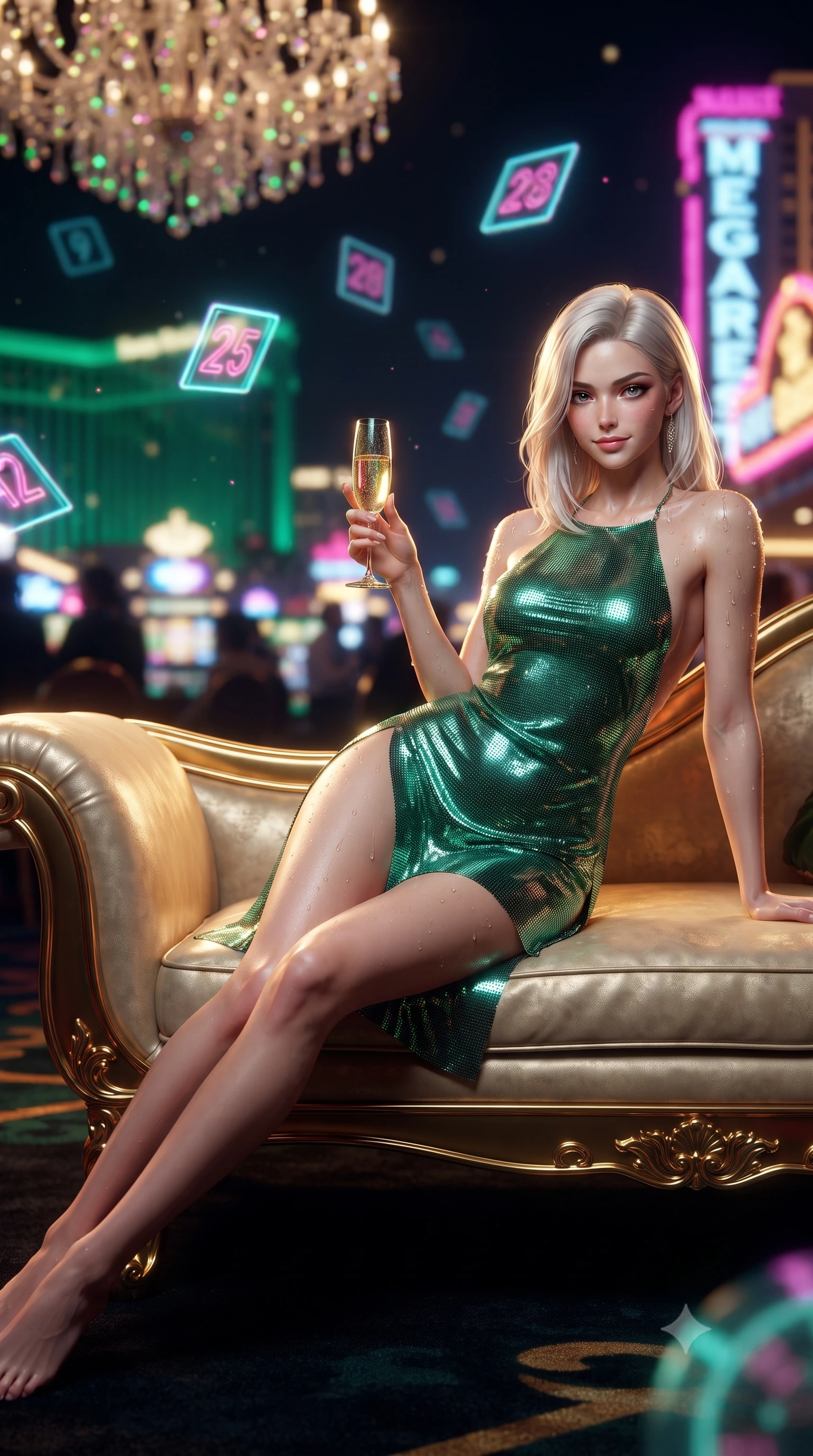 score_9, masterpiece, best quality, ultra-detailed, high-budget anime keyframe, editorial fashion photography, tasteful artistic composition, Caucasian woman. low angle full-body shot from head to toe showing her feet, filling the entire 9:16 vertical frame with her statuesque presence, stretching her vertical silhouette. reclining gracefully across the plush chaise lounge with one leg extended, her sculpted silhouette and flat midriff radiating magnetic nocturnal glamour while lounging in the gold-trimmed VIP banquette propped on one elbow, holding a champagne flute with effortless sovereign gambler cool. The background shows a soft-focus floating neon holographic roulette numbers, towering mega-resort neon facades outside, and crystal chandeliers blurred into emerald, magenta, and gold bokeh. She has an absolutely perfect, statuesque 8.5-heads proportion, an exceptionally tall and slender model-like female figure with impossibly long slender legs, an ultra-slim waist, a flat toned midriff, narrow delicate ribcage, and beautifully sculpted feminine hips creating a graceful, slim hourglass silhouette without any bulky heaviness. sharp v-shaped jawline, high-bridge nose, sparkling eyes with hypnotic seductive depth, thick curled eyelashes, glossy parted lips with a natural dewy peach sheen, alluring bedroom-eyes with an enchanting coquettish smile, exuding magnetic siren charisma and sophisticated glamour, flawlessly proportioned anatomical accuracy, strict slender model proportions, natural body alignment, perfectly sculpted long slender limbs, ultra-slim waistline, clean dynamic posture without body distortion. wearing a slinky backless halterneck column mini dress in shimmering liquid emerald satin with deep side leg slits in pure pearl alabaster with liquid platinum sheen, crafted from shimmering fluid chainmail mesh reflecting ambient casino lights, complemented by glistening drops of moisture beading across her sculpted shoulders and flat midriff, the high-slit wrap tailoring accentuating her ultra-slim waistline and the enchanting curve of her feminine hips with alluring seductive charm. illuminated by city skyline neon reflections and sharp warm-gold rim lights sculpting her razor-sharp jawline, narrow waist, and curvy hips. ultra-reflective glossy finish, specular highlights, rich textural contrasts, high-contrast stereoscopic depth, volumetric dynamic lighting, 2k, ultra detail, master piece, 9:16 ratio