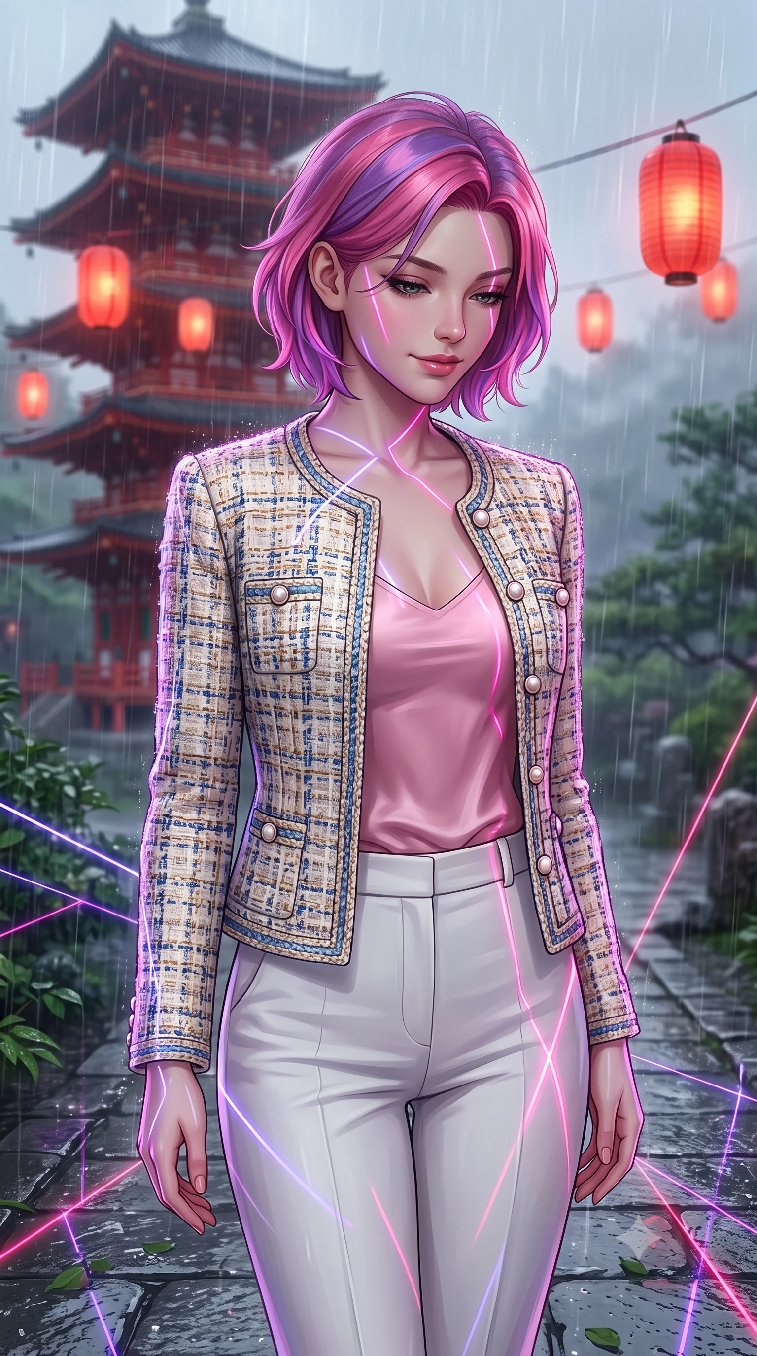 score_9, masterpiece, best quality, ultra-detailed, high-budget anime keyframe, editorial fashion photography, tasteful artistic composition, Caucasian woman, strictly human ears. close-up cowboy shot from the waist and thighs up, the character dominates the composition, filling the frame with her large presence, background elements kept in soft focus. Looking down with a gentle, thoughtful smile full of quiet warmth. set against a soft-focus background of on a stone path of a garden during a heavy warm summer rain shower, looking at a tall red wooden pagoda with floating red paper lanterns. She has an exceptionally elegant, slender, and willowy female figure with a highly-defined ultra-slim waist, a gracefully sculpted slender torso, and a refined slim-fit silhouette that contours her form. sharp v-shaped jawline, high-bridge nose, intricate jewel-like eyes with depth, thick eyelashes, glossy lips with a natural sheen. wearing a structured tweed jacket with pearl buttons over a pink silk camisole and white trousers. laser lines of violet and hot pink reflecting off surfaces casting geometric neon highlights. 2k, ultra detail, master piece, 9:16 ratio