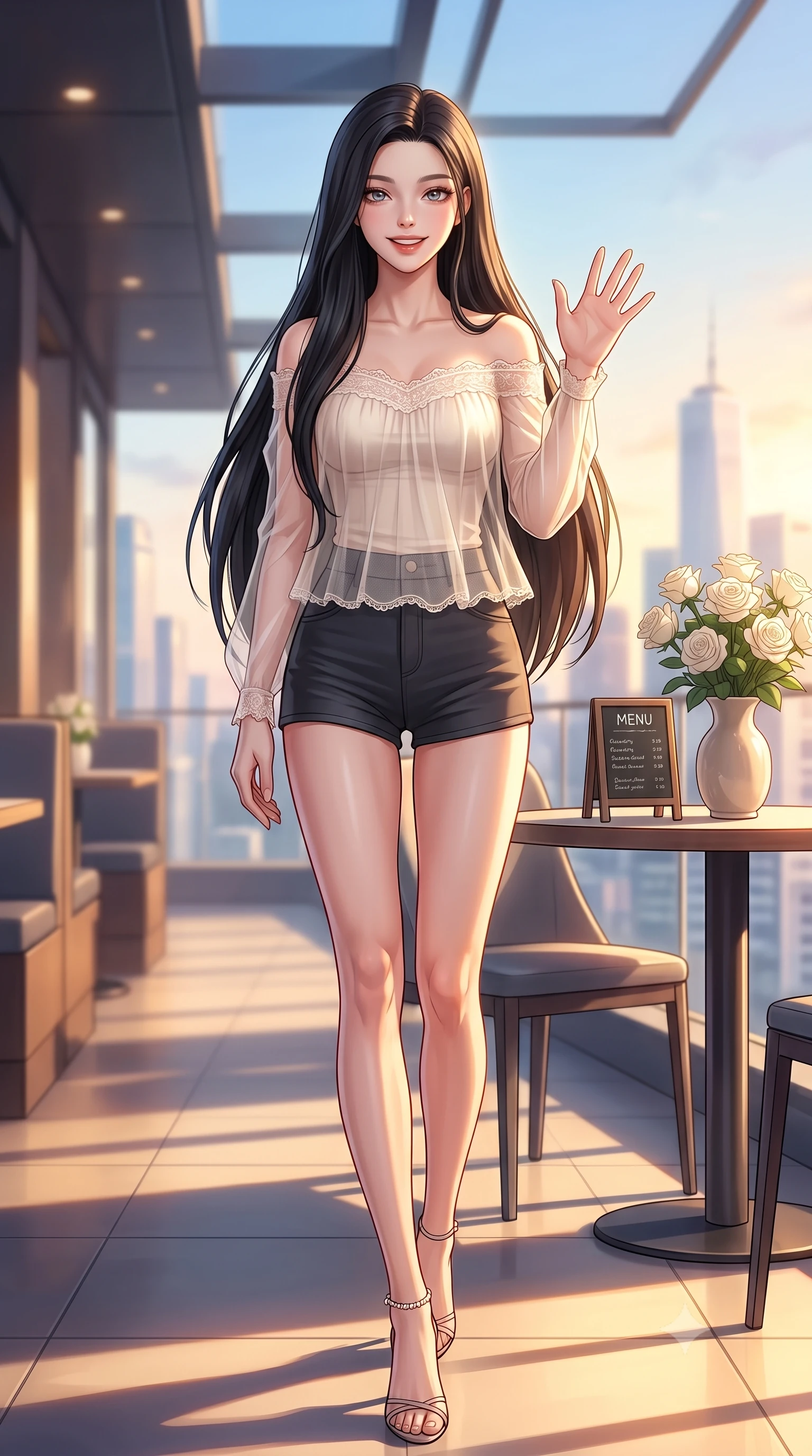 score_9, masterpiece, best quality, ultra-detailed, high-budget anime keyframe, editorial fashion photography, tasteful artistic composition, Korean woman. low angle full-body shot from head to toe showing her feet, filling the entire 9:16 vertical frame with her statuesque presence, stretching her vertical silhouette. stepping forward with a bright, cheerful smile, waving happily at the viewer set against a soft-focus background of inside a modern rooftop restaurant overlooking a bright city skyline with a small menu board and a vase of white roses on the table. She has an absolutely perfect, statuesque 8.5-heads proportion, an exceptionally tall and slender model-like female figure with impossibly long slender legs and an ultra-slim waist. sharp v-shaped jawline, high-bridge nose, intricate jewel-like eyes with depth, thick eyelashes, glossy lips with a natural sheen. wearing slim-fit delicate lace-trim off-shoulder blouse paired with a sheer mesh overlay and form-contouring mini shorts. golden hour sunset light casting long warm shadows on the restaurant table. highly saturated vibrant anime colors, detailed shading with soft gradients, rich glossy textures, high-contrast stereoscopic depth, volumetric dynamic lighting, master piece, 9:16 ratio