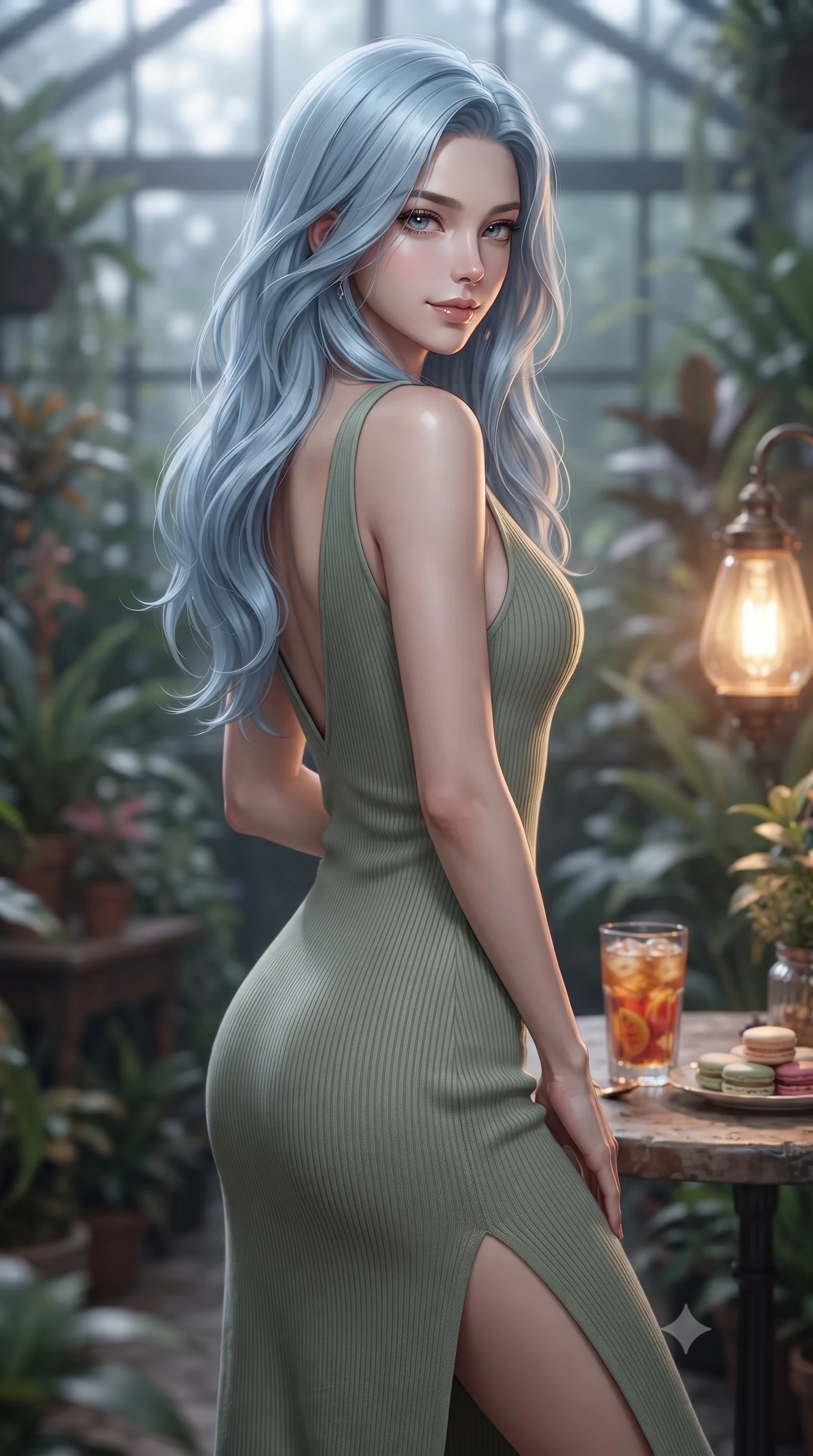 score_9, masterpiece, best quality, ultra-detailed, high-budget anime keyframe, editorial fashion photography, tasteful artistic composition, Korean woman. close-up cowboy shot from the waist and thighs up, the character dominates the composition, filling the frame with her large presence, background elements kept in soft focus. glancing sidelong over her shoulder with an intoxicating, lingering stare and a subtle, knowing smile set against a soft-focus background of inside an exclusive botanical greenhouse with a glass of iced fruit tea and delicate macaron pastries arranged on the table. She has an exceptionally elegant, slender, and willowy female figure with an ultra-slim waist, a gracefully sculpted slender torso, and a refined silhouette. sharp v-shaped jawline, high-bridge nose, intricate jewel-like eyes with depth, thick eyelashes, glossy lips with a natural sheen. wearing tailored sage green ribbed cashmere open-back silk slip dress featuring a deep V-neckline and a leg-lengthening side slit featuring refined tailored seams. illuminated by soft silver moonlight contrasting with the warm amber glow of a nearby lamp. ultra-reflective glossy finish, specular highlights, metallic sheen, high-contrast stereoscopic depth, volumetric dynamic lighting, 2k, ultra detail, master piece, 9:16 ratio