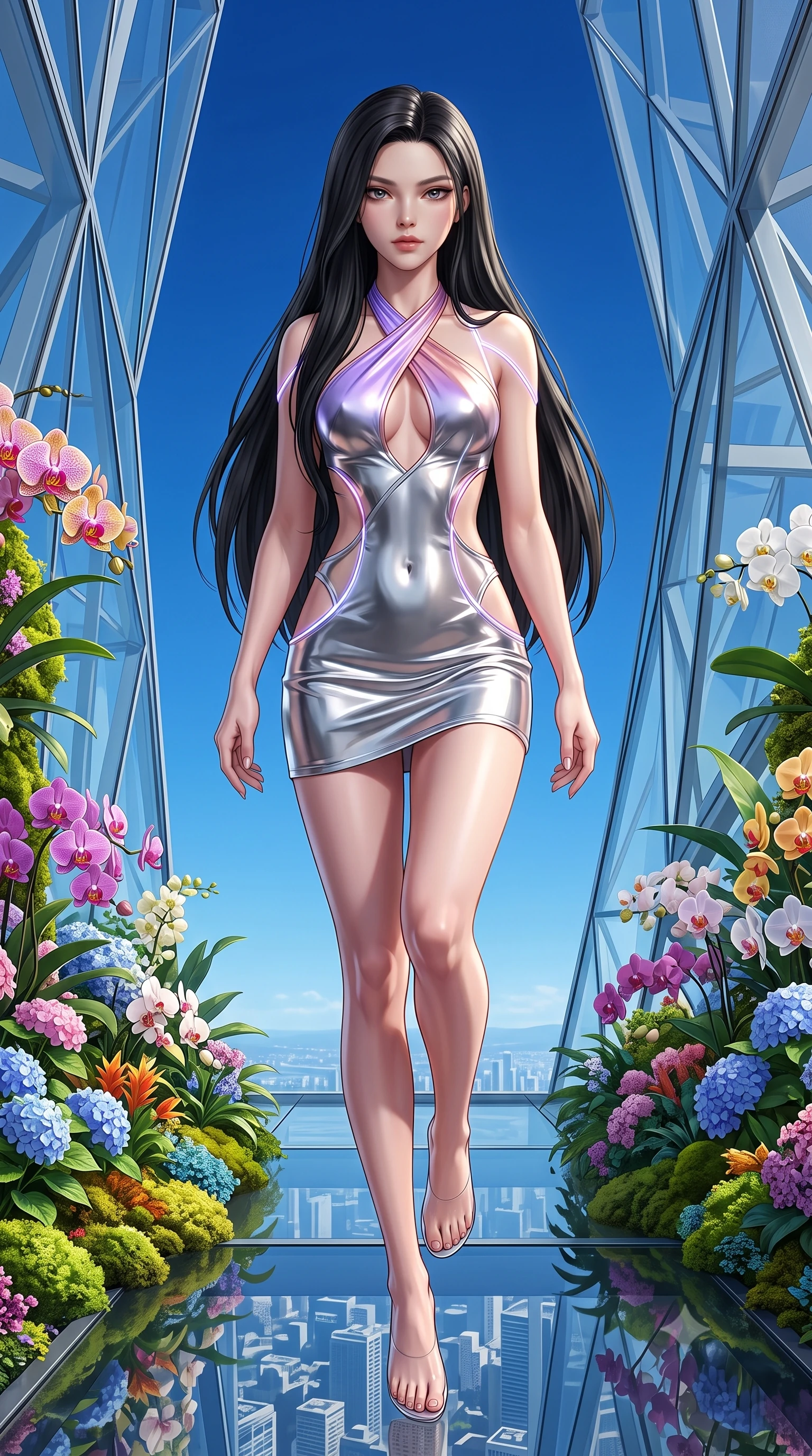 score_9, masterpiece, best quality, ultra-detailed, high-budget anime keyframe, semi-realistic 3D game render, editorial fashion photography, tasteful artistic composition, Korean woman. low angle full-body shot from head to toe showing her feet, filling the entire 9:16 vertical frame with her statuesque presence, stretching her vertical silhouette. performing an alluring mid-air vault with flawless poise, looking directly into the camera with smoldering intensity while standing with statuesque poise on a 120th-floor sky-garden terrace flanked by lush blooming flora and clear blue skies. The surrounding environment is rendered in vivid detail and crisp panoramic clarity. crisp architectural tower glass facets, detailed sky-garden flower arrangements, and endless blue sky in deep focus. She has an absolutely perfect, statuesque 8.5-heads proportion, an exceptionally tall and slender model-like female figure with impossibly long slender legs, a toned flat midriff, and an ultra-slim waist. sharp v-shaped jawline, high-bridge nose, intricate jewel-like eyes with depth, thick eyelashes, glossy lips with a natural sheen, flawlessly proportioned anatomical accuracy, strict slender model proportions, natural body alignment, perfectly sculpted long slender limbs, ultra-slim waistline, clean dynamic posture without body distortion. wearing a molten silver liquid-metal mini dress featuring deep side-waist cutouts and a daring crossover halter neckline in luminous lavender violet and rose gold, tailored from semi-translucent cybernetic vinyl with glowing micro-filaments, accented with glowing fiber-optic seams tracing her collarbones and hip curves, the precision-cut daring openings accentuating her delicate midriff, graceful bare collarbones, and ultra-slim feminine waistline. illuminated by crisp specular highlights tracing her sculpted collarbones and waistline. highly saturated vibrant anime colors, detailed shading with soft gradients, rich glossy textures, high-contrast stereoscopic depth, volumetric dynamic lighting, master piece, 9:16 ratio