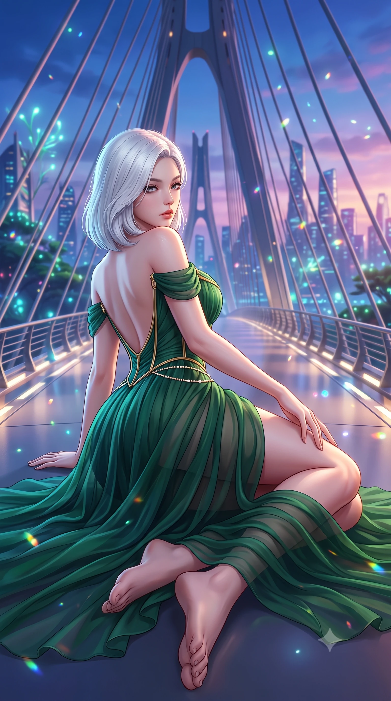 score_9, masterpiece, best quality, ultra-detailed, high-budget anime keyframe, semi-realistic 3D game render, editorial fashion photography, tasteful artistic composition, Korean woman. low angle full-body shot from head to toe showing her feet, filling the entire 9:16 vertical frame with her statuesque presence, stretching her vertical silhouette. reclining on her side in an elegant Cleopatra pose with one knee drawn up, the dramatic contour of her rounded hips and long slender legs commanding the 9:16 vertical frame while standing poised at the center of the illuminated suspension bridge, twisting her slender torso in an alluring S-curve while looking toward the Marina skyline. The composition keeps background elements in soft focus with creamy bokeh. bioluminescent plant spores and city skyline reflections scattering vibrant chromatic light motes. She has an exceptionally tall and slender model-like 8.5-heads proportion, an ultra-slim waist, a flat toned midriff, narrow delicate ribcage, and beautifully sculpted feminine hips creating a graceful, slim hourglass silhouette without any bulky heaviness, with impossibly long slender legs. sharp v-shaped jawline, high-bridge nose, intricate jewel-like eyes with depth, thick eyelashes, glossy parted lips with a natural sheen, intensely captivating and seductive bedroom-eyes expression, flawlessly proportioned anatomical accuracy, strict slender model proportions, natural body alignment, perfectly sculpted long slender limbs, ultra-slim waistline, clean dynamic posture without body distortion. wearing an off-shoulder French court corset bodice dress paired with a tiered translucent chiffon slit skirt in deep emerald green satin and gold hardware, woven from layered gossamer chiffon with a weightless sweeping drape, accented with a dainty diamond waist chain catching the ambient light reflections, the dramatically scooped open back descending to the base of her spine, accentuating her razor-sharp statuesque lines and slim hourglass silhouette. surrounded by a visionary, electrifying, and breathlessly magnificent eco-metropolis queen aura. highly saturated vibrant anime colors, detailed shading with soft gradients, rich glossy textures, high-contrast stereoscopic depth, volumetric dynamic lighting, master piece, 9:16 ratio