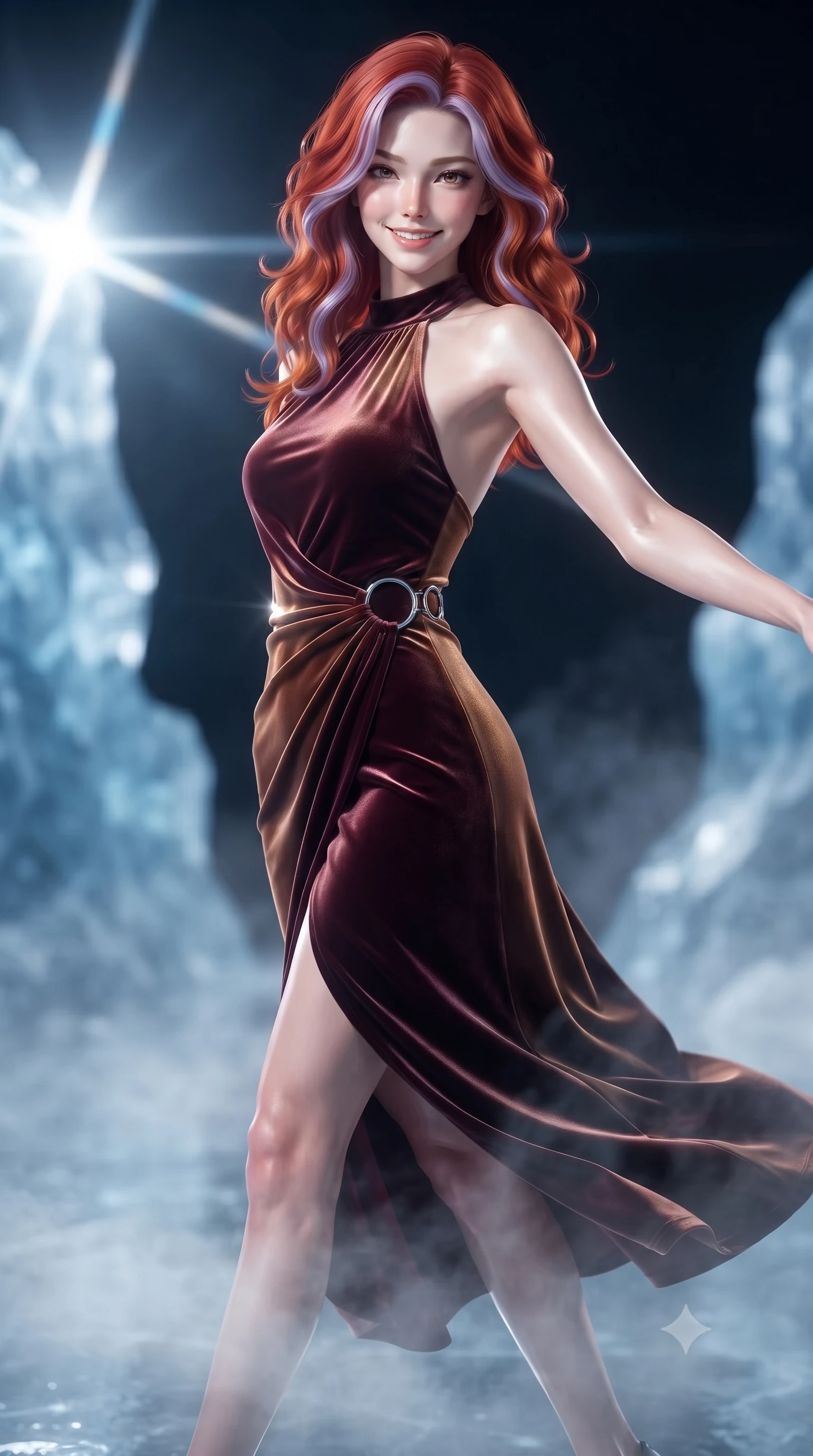 score_9, masterpiece, best quality, ultra-detailed, high-budget anime keyframe, editorial fashion photography, tasteful artistic composition, Caucasian woman. close-up cowboy shot from the waist and thighs up, the character dominates the composition, filling the frame with her large presence, background elements kept in soft focus. Extending one arm in an elegant stretch toward the light while smiling with magnetic self-assurance while pivoting in a mid-stride turn while her velvet gown swirls over a glacial mirror floor, sub-zero mist swirling gently around her long slender legs and athletic build. She has an exceptionally elegant, slender, and willowy female figure with an ultra-slim waist, a gracefully sculpted slender torso, and a refined silhouette. sharp v-shaped jawline, high-bridge nose, intricate jewel-like eyes with depth, thick eyelashes, glossy lips with a natural sheen, flawlessly proportioned anatomical accuracy, natural body alignment, perfectly sculpted elegant limbs, clean dynamic posture without body distortion. wearing a velvet halter-neck midi dress following her form like a glove in deep burgundy and bronze, crafted from lustrous satin jersey with fluid draping, accented with delicate chrome ring hardware framing her waist, the glove-like fit emphasizing her statuesque silhouette during motion. surrounded by a high-contrast icy luminescence and deep velvet shadows. ultra-reflective glossy finish, specular highlights, metallic sheen, high-contrast stereoscopic depth, volumetric dynamic lighting, 2k, ultra detail, master piece, 9:16 ratio