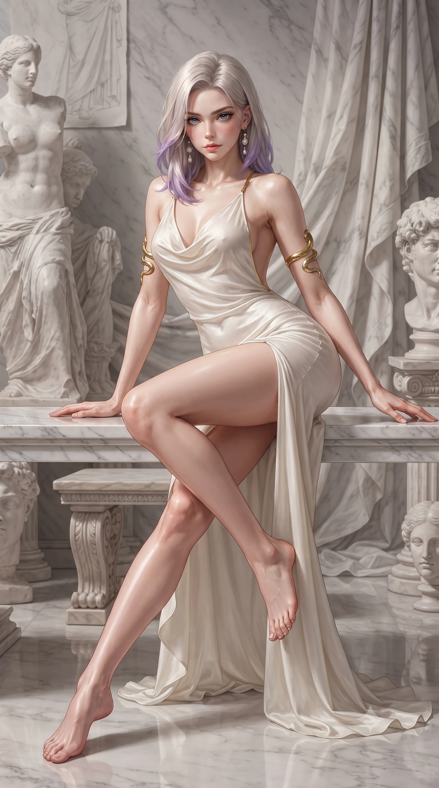 score_9, masterpiece, best quality, ultra-detailed, high-budget anime keyframe, editorial fashion photography, tasteful artistic composition, Caucasian woman. low angle full-body shot from head to toe showing her feet, filling the entire 9:16 vertical frame with her statuesque presence, stretching her vertical silhouette. sitting perched on the elevated ledge with hips angled toward the camera and legs crossed, displaying her toned midriff and flawlessly sculpted slender limbs while reclining on a low carved stone bench amidst unfinished plaster statues, torso propped on one hand with smoldering artistic allure. The surrounding environment is rendered in vivid detail and crisp panoramic clarity. sharp carved marble drapery folds, chisel mark textures, and polished stone floor reflections in deep focus. She has an absolutely perfect, statuesque 8.5-heads proportion, an exceptionally tall and slender model-like female figure with impossibly long slender legs, a toned flat midriff, an ultra-slim waist, and beautifully sculpted feminine hips. sharp v-shaped jawline, high-bridge nose, intricate jewel-like eyes with depth, thick eyelashes, glossy parted lips with a natural sheen, intensely captivating and seductive bedroom-eyes expression, flawlessly proportioned anatomical accuracy, strict slender model proportions, natural body alignment, perfectly sculpted long slender limbs, ultra-slim waistline, clean dynamic posture without body distortion. wearing a backless cowl-neck alabaster silk slip gown descending to the small of her back in a deep curve in pure Carrara marble white and polished gold leaf, woven from layered gossamer chiffon with a weightless sweeping drape, complemented by sculpted gold serpent armlets and pearl drop earrings, the glove-like aerodynamic silhouette tightly following the natural contour of her hips and long slender legs with statuesque precision. surrounded by a divine, timeless, and breathtakingly majestic living sculpture goddess aura. ultra-reflective glossy finish, specular highlights, rich textural contrasts, high-contrast stereoscopic depth, volumetric dynamic lighting, 2k, ultra detail, master piece, 9:16 ratio