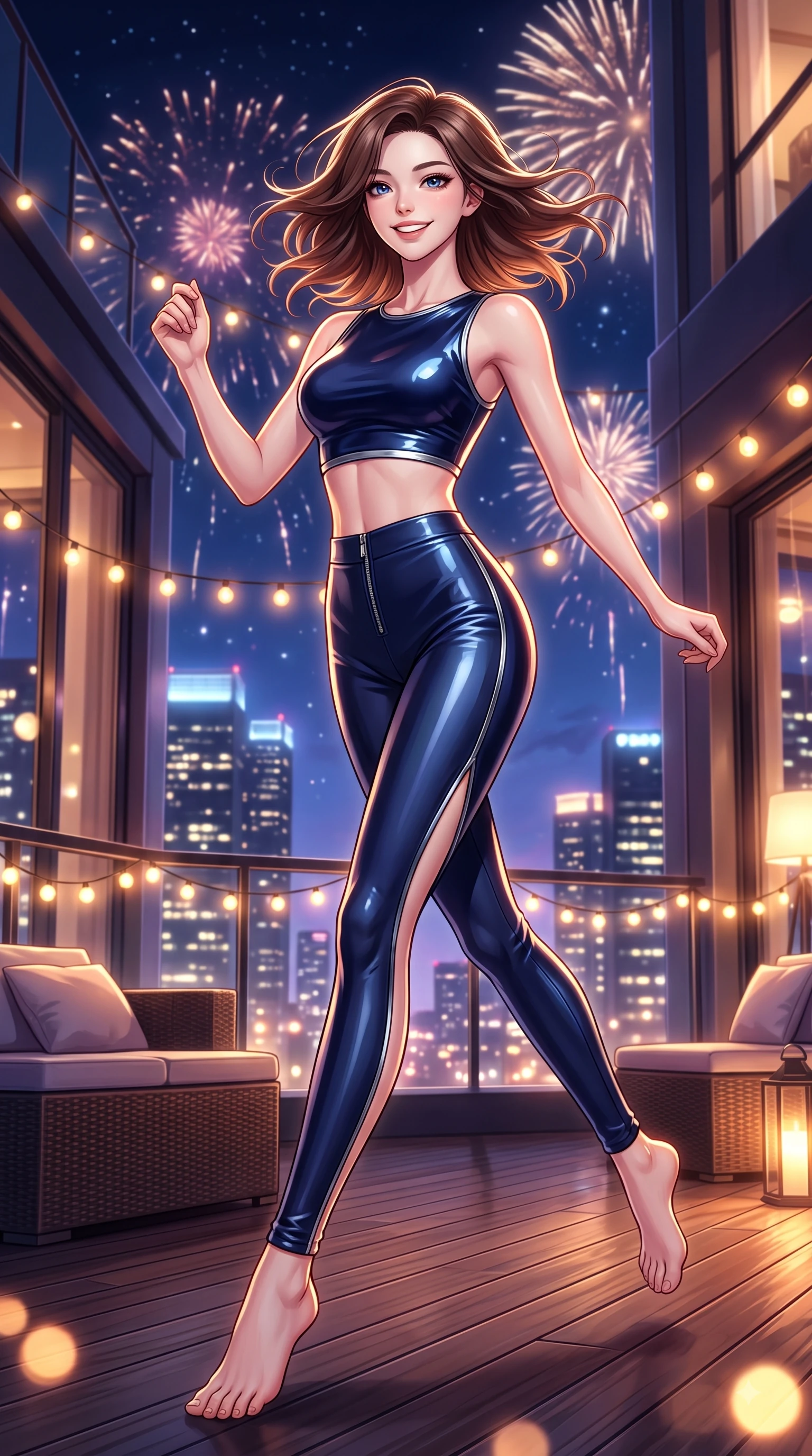 score_9, masterpiece, best quality, ultra-detailed, high-budget anime keyframe, editorial fashion photography, tasteful artistic composition, Korean woman. low angle full-body shot from head to toe showing her feet, filling the entire 9:16 vertical frame with her statuesque presence, stretching her vertical silhouette. stepping forward in a proud dynamic stride with a cheerful beaming smile, her vertical silhouette filling the frame while leaping joyfully on a high-rise penthouse rooftop deck under a sky of festive fireworks, glistening city lights and warm string fairy lamps creating rich ambient bokeh. She has an absolutely perfect, statuesque 8.5-heads proportion, an exceptionally tall and slender model-like female figure with impossibly long slender legs and an ultra-slim waist. sharp v-shaped jawline, high-bridge nose, intricate jewel-like eyes with depth, thick eyelashes, glossy lips with a natural sheen, flawlessly proportioned anatomical accuracy, natural body alignment, perfectly sculpted elegant limbs, clean dynamic posture without body distortion. wearing a glossy vinyl crop top and high-waist tailored leggings with sleek zippers in midnight navy blue and chrome trim, crafted from smooth liquid silk, finished with a sleek side slit ascending to mid-thigh, the tailored fabric tightly following every curve of her athletic build. illuminated by cheerful city skyline backlighting and vibrant rim lights. highly saturated vibrant anime colors, detailed shading with soft gradients, rich glossy textures, high-contrast stereoscopic depth, volumetric dynamic lighting, master piece, 9:16 ratio