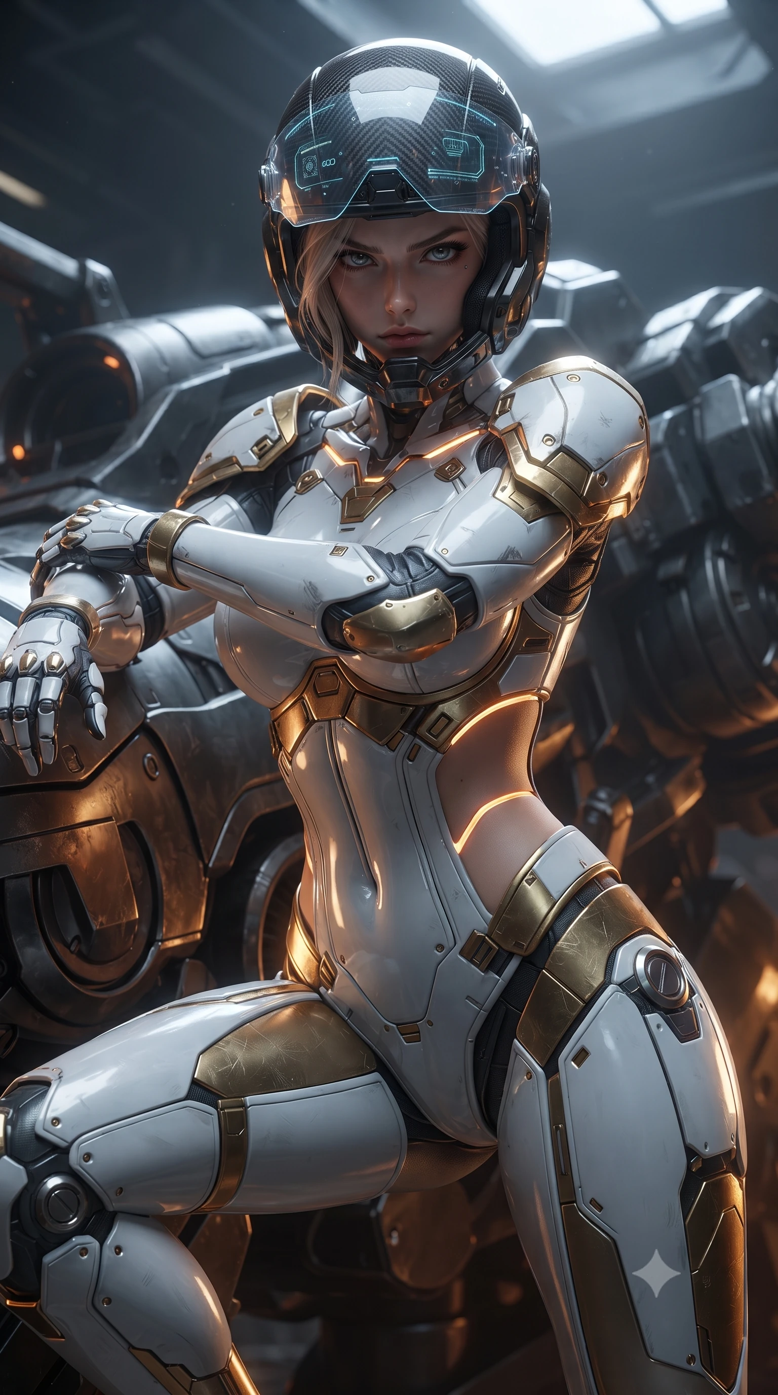 score_9, masterpiece, best quality, ultra-detailed, high-budget anime keyframe, editorial fashion photography, tasteful artistic composition, Caucasian woman. close-up cowboy shot from the waist and thighs up, the character dominates the composition, filling the frame with her large presence. shifting into a low cat-stance with arms crossed defensively, glowing energy conduits tracing her ultra-slim waist and sculpted clavicle while resting one hand on the mechanical hull with an intense, smoldering gaze looking directly into the camera. The surrounding environment is rendered in vivid detail and crisp panoramic clarity. high-contrast mechanical chiaroscuro and monumental war-machine wreckage captured with precision. She has an exceptionally elegant, slender, and willowy female figure with an ultra-slim waist, a gracefully sculpted slender torso, toned flat midriff, and a refined slim silhouette. sharp v-shaped jawline, high-bridge nose, intricate jewel-like eyes with depth, thick eyelashes, glossy lips with a natural sheen, fierce and resolute heroine expression, flawlessly proportioned anatomical accuracy, strict slender model proportions, natural body alignment, perfectly sculpted long slender limbs, ultra-slim waistline, clean dynamic posture without body distortion. wearing an open-face aerodynamic carbon-fiber combat helmet with a retracted transparent holographic HUD visor framing her sharp jawline and jewel-like eyes, paired with a statuesque high-fashion cyber-warrior armor suit with platinum bevels, heavy articulated shoulder guards, and an ultra-slim waist-cinching corset in arctic white carbon composite with scratched solar gold armor plating, made of liquid carbon-jersey fabric accentuating every curve of her tall, slender model proportions, finished with high-mobility flexible armor articulation seams and miniature magnetic locks, the precision-cut daring openings accentuating her delicate midriff, graceful bare collarbones, and ultra-slim feminine waistline. bathed in glowing amber reactor fire uplights and cool overcast skylight fill. ultra-reflective glossy finish, specular highlights, dark metallic sheen, high-contrast stereoscopic depth, volumetric dynamic lighting, 2k, ultra detail, master piece, 9:16 ratio