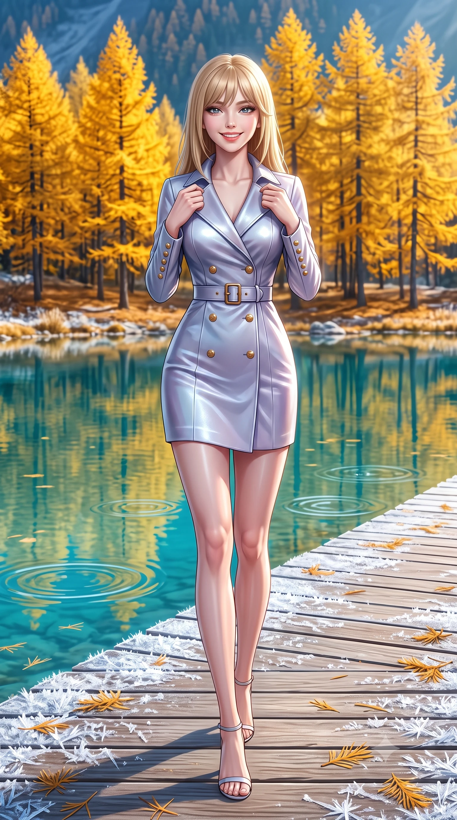 score_9, masterpiece, best quality, ultra-detailed, high-budget anime keyframe, semi-realistic 3D game render, editorial fashion photography, tasteful artistic composition, Japanese woman. low angle full-body shot from head to toe showing her feet, filling the entire 9:16 vertical frame with her statuesque presence, stretching her vertical silhouette. stepping forward in a confident stride, her long slender legs and curvaceous hips creating a dynamic, sweeping vertical line while pausing beneath a stand of brilliant golden larch trees reflecting in the turquoise water, holding her coat lapels with refined elegance. The surrounding environment is rendered in vivid detail and crisp panoramic clarity: sharp ice crystal needles on wooden boardwalk planks, fallen larch needles, and ripples on glassy water in deep focus. She has an exceptionally tall and slender model-like 8.5-heads proportion, an ultra-slim waist, a flat toned midriff, narrow delicate ribcage, and beautifully sculpted feminine hips creating a graceful, slim hourglass silhouette without any bulky heaviness, with impossibly long slender legs. sharp v-shaped jawline, high-bridge nose, intricate jewel-like sparkling eyes with depth, thick eyelashes, glossy parted lips with a natural peach sheen, bright cheerful beaming smile with an enchanting and coquettish sensual glint, exuding both youthful cute charm and seductive allure, flawlessly proportioned anatomical accuracy, strict slender model proportions, natural body alignment, perfectly sculpted long slender limbs, ultra-slim waistline, clean dynamic posture without body distortion. wearing a liquid-tight double-breasted tailored trench dress cinched firmly with a leather buckle belt to accentuate her hourglass curves in frosted mountain lavender and shimmering ice silver, woven from fluid liquid silk jersey that clings smoothly to her narrow waist and rounded hips with a dewy sheen, accented with delicate gold button studs trailing down the snug sleeve cuffs, the second-skin tailored fabric adhering flawlessly to her sculpted flat midriff and slender torso, emphasizing her long leg lines and perfectly proportioned willowy build. illuminated by frosted ground bounce and sharp crystalline rim lights defining her features, narrow waist, and statuesque height. highly saturated vibrant anime colors, detailed shading with soft gradients, rich glossy textures, high-contrast stereoscopic depth, volumetric dynamic lighting, master piece, 9:16 ratio