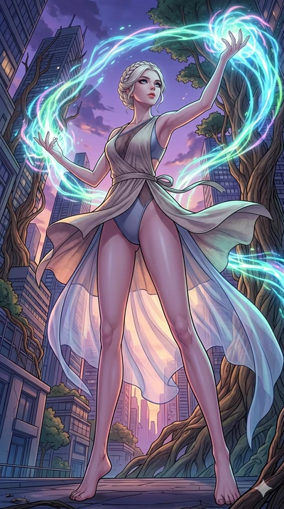 score_9, masterpiece, best quality, ultra-detailed, high-budget anime movie keyframe, cinematic anime lighting, intricate line art, Caucasian (strictly human ears) anime girl. Low angle cowboy shot capturing a powerful motion and statuesque presence.