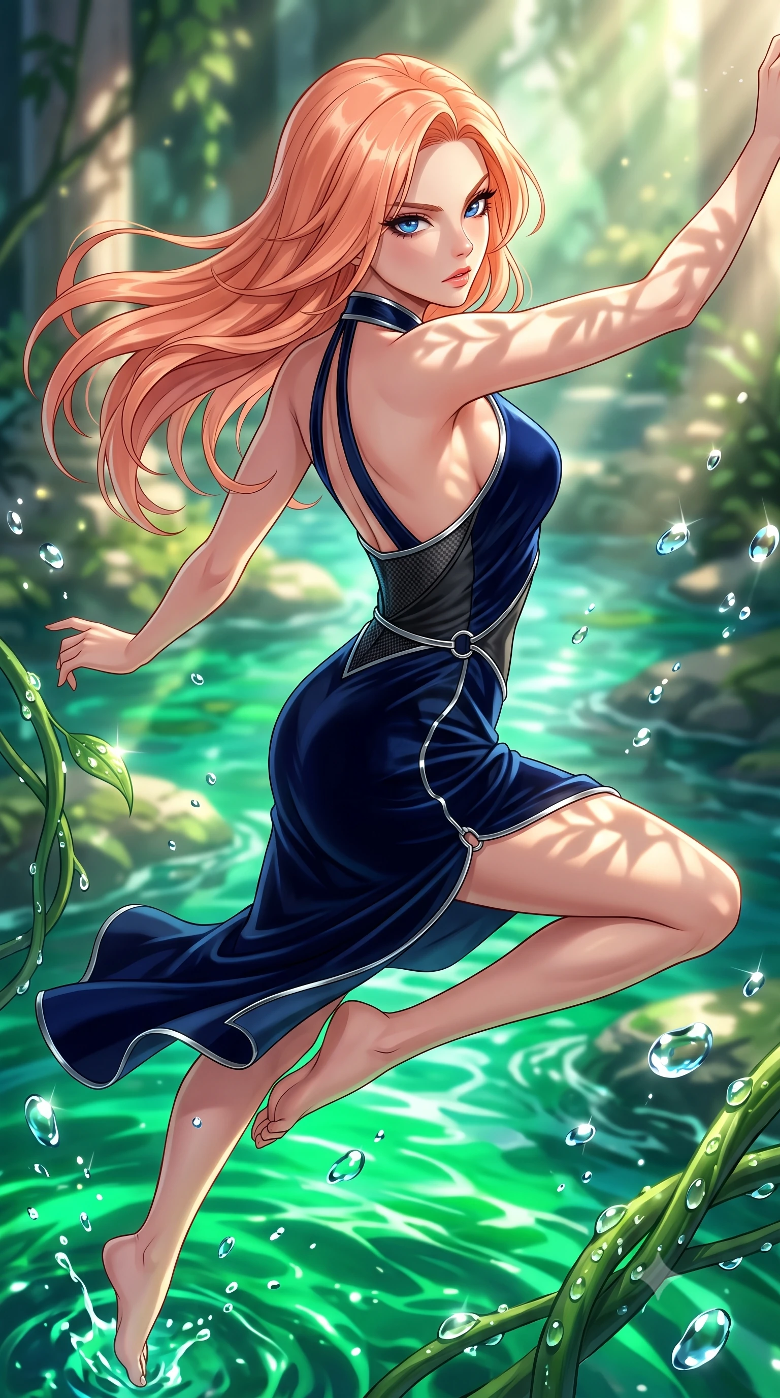 score_9, masterpiece, best quality, ultra-detailed, high-budget anime keyframe, editorial fashion photography, tasteful artistic composition, Japanese woman. close-up cowboy shot from the waist and thighs up, the character dominates the composition, filling the frame with her large presence, background elements kept in soft focus. Pivoting sharply while looking back over her shoulder with heavy lashes and a confident, intense gaze while leaping gracefully over a hydro-flow crystal stream flowing with emerald liquid light, dewdrops on biomorphic vines casting bright specular highlights in mid-air. She has an exceptionally elegant, slender, and willowy female figure with an ultra-slim waist, a gracefully sculpted slender torso, and a refined silhouette. sharp v-shaped jawline, high-bridge nose, intricate jewel-like eyes with depth, thick eyelashes, glossy lips with a natural sheen, flawlessly proportioned anatomical accuracy, natural body alignment, perfectly sculpted elegant limbs, clean dynamic posture without body distortion. wearing a velvet halter-neck midi dress following her form like a glove in midnight navy blue and chrome trim, made of fine carbon-fiber weave and soft matte leather, accented with delicate chrome ring hardware framing her waist, the elegant draped fit framing her graceful clavicle and slender torso. illuminated by brilliant sunbeams casting organic leaf stencil shadows. highly saturated vibrant anime colors, detailed shading with soft gradients, rich glossy textures, high-contrast stereoscopic depth, volumetric dynamic lighting, master piece, 9:16 ratio