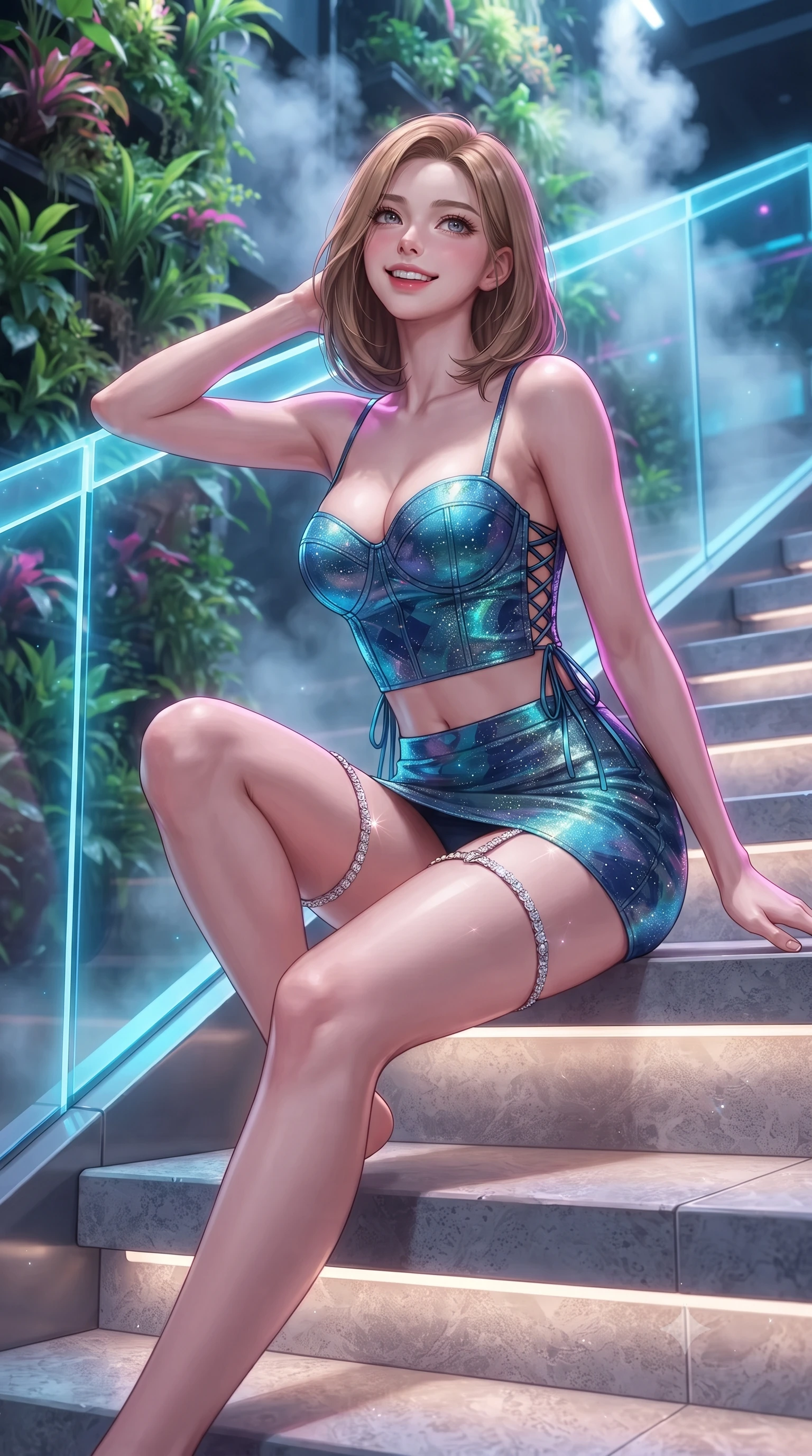 score_9, masterpiece, best quality, ultra-detailed, high-budget anime keyframe, editorial fashion photography, tasteful artistic composition, Korean woman. low angle full-body shot from head to toe showing her feet, filling the entire 9:16 vertical frame with her statuesque presence, stretching her vertical silhouette. sitting poised on the stone steps with one knee bent, arching her spine with supermodel elegance as she glances upward through thick eyelashes while leaning against the illuminated acrylic safety railing with hips cocked back, looking through vertical epiphytic gardens with smoldering bedroom-eyes. The background shows a soft-focus gentle canopy mist plumes softened in futuristic eco-garden shallow focus. She has an exceptionally tall and slender model-like 8.5-heads proportion, an ultra-slim waist, a flat toned midriff, narrow delicate ribcage, and beautifully sculpted feminine hips creating a graceful, slim hourglass silhouette without any bulky heaviness, with impossibly long slender legs. sharp v-shaped jawline, high-bridge nose, intricate jewel-like sparkling eyes with depth, thick eyelashes, glossy parted lips with a natural peach sheen, bright cheerful beaming smile with an enchanting and coquettish sensual glint, exuding both youthful cute charm and seductive allure, flawlessly proportioned anatomical accuracy, strict slender model proportions, natural body alignment, perfectly sculpted long slender limbs, ultra-slim waistline, clean dynamic posture without body distortion. wearing a sculpted satin underwire crop bustier with lace-up side ties paired with a micro skirt in Singapore Marina Bay electric cyan and midnight sapphire, woven from stretch metallic lurex jersey casting radiant starlight glints across her curves, finished with delicate crystal-encrusted thigh garter straps glinting in the dim light, the bespoke structured tailoring following the natural line of her 8.5-heads silhouette with refined elegance. illuminated by acrylic railing reflection fill and sharp neon-magenta and cyan dual rim lights defining her dewy collarbones, ultra-slim waist, and curvy hips. ultra-reflective glossy finish, specular highlights, rich textural contrasts, high-contrast stereoscopic depth, volumetric dynamic lighting, 2k, ultra detail, master piece, 9:16 ratio