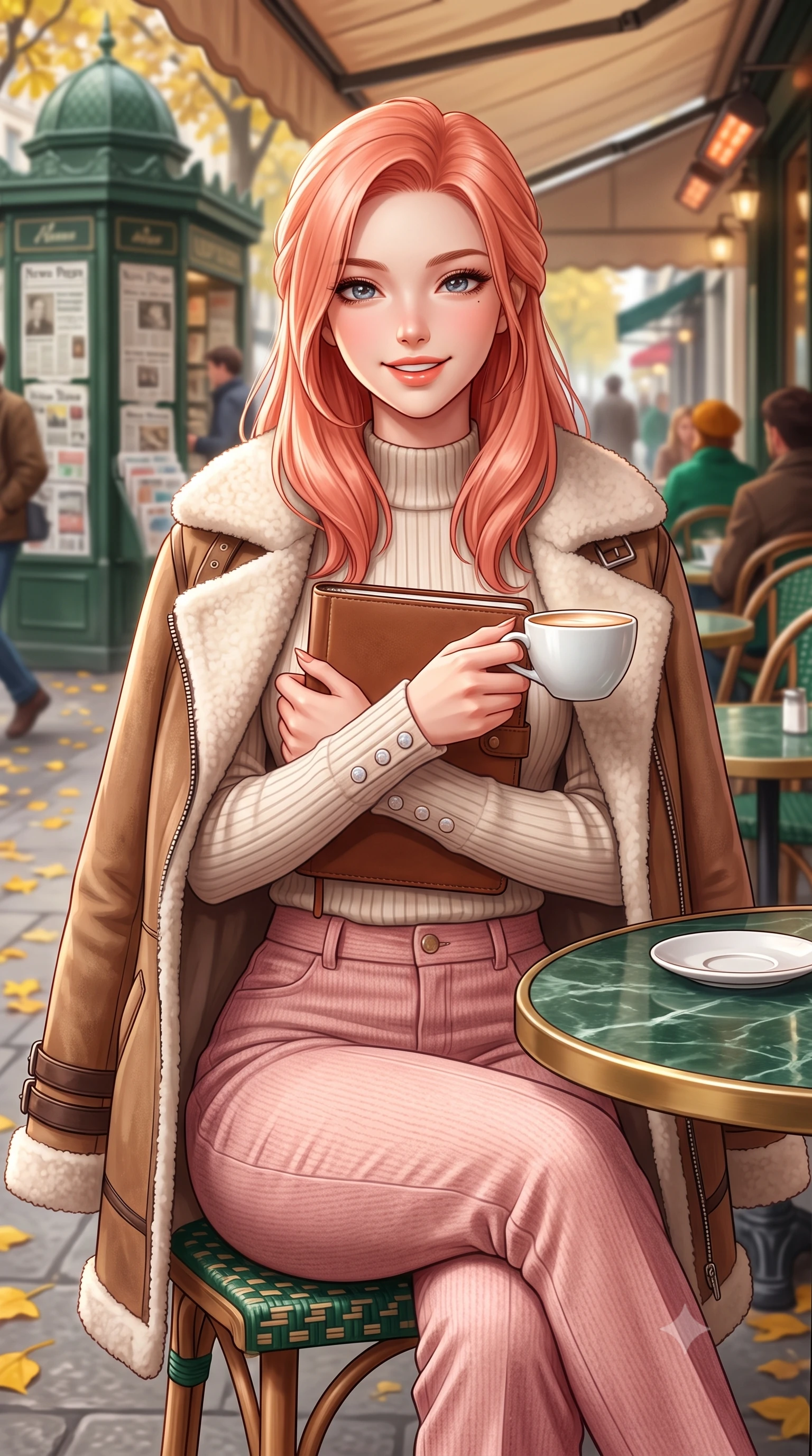 score_9, masterpiece, best quality, ultra-detailed, high-budget anime keyframe, semi-realistic 3D game render, editorial fashion photography, tasteful artistic composition, Japanese woman. close-up cowboy shot from the waist and thighs up, the character dominates the composition, filling the frame with her large presence. holding a leather notebook close to her chest with both arms, smiling delightfully with youthful scholarly grace while sitting poised at a round green marble bistrot table beneath the heated cafe awning, cradling a porcelain cup with a radiant French smile. The background shows a soft-focus bustling Parisian boulevard with vintage green newspaper kiosks, yellow chestnut leaves on pavement, and café patrons blurred into emerald, amber, and espresso bokeh. She has an exceptionally elegant, slender, and willowy female figure with an ultra-slim waist, flat toned midriff, narrow ribcage, and sculpted feminine hips creating an alluring, slim hourglass silhouette without bulk. sharp v-shaped jawline, high-bridge nose, intricate jewel-like sparkling eyes with depth, thick eyelashes, glossy parted lips with a natural peach sheen, bright cheerful beaming smile with an enchanting and coquettish sensual glint, exuding both youthful cute charm and seductive allure, flawlessly proportioned anatomical accuracy, strict slender model proportions, natural body alignment, perfectly sculpted long slender limbs, ultra-slim waistline, clean dynamic posture without body distortion. wearing a plush shearling-trimmed suede aviator coat layered over a cozy ribbed merino knit sweater and tailored corduroy pants in Parisian pastel rose bouclé and cream pearl, crafted from ultra-soft Mongolian cashmere with exquisite insulating warmth and tactile softness, finished with fine mother-of-pearl cuff buttons catching the soft ambient light, the streamlined silhouette following her natural slender proportions with sophisticated poise, enhancing her tall willowy presence. illuminated by zinc counter and marble tabletop bounce with delicate platinum rim lights sculpting her features and slender waist. highly saturated vibrant anime colors, detailed shading with soft gradients, rich glossy textures, high-contrast stereoscopic depth, volumetric dynamic lighting, master piece, 9:16 ratio