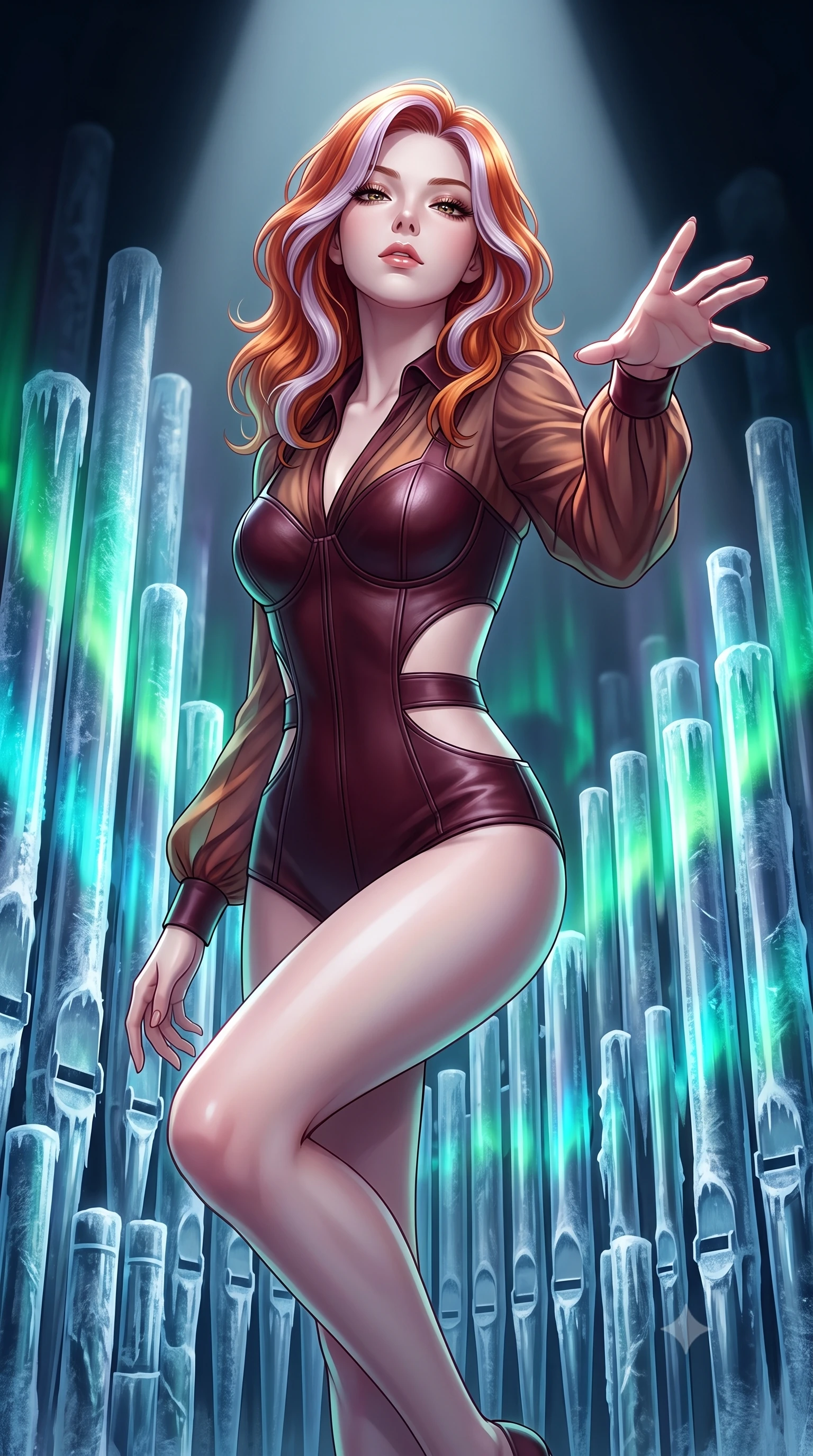 score_9, masterpiece, best quality, ultra-detailed, high-budget anime keyframe, editorial fashion photography, tasteful artistic composition, Caucasian woman. close-up cowboy shot from the waist and thighs up, the character dominates the composition, filling the frame with her large presence, background elements kept in soft focus. Tilting her chin up with an air of effortless superiority while balancing dynamically amidst the scene while reaching her hand forward toward a solitary spotlight isolating her statuesque posture, frozen organ pipes reflecting vivid green and cyan polar aurora lights dynamically. She has an exceptionally elegant, slender, and willowy female figure with an ultra-slim waist, a gracefully sculpted slender torso, and a refined silhouette. sharp v-shaped jawline, high-bridge nose, intricate jewel-like eyes with depth, thick eyelashes, glossy lips with a natural sheen, flawlessly proportioned anatomical accuracy, natural body alignment, perfectly sculpted elegant limbs, clean dynamic posture without body distortion. wearing a tailored leather bustier over a sheer silk chiffon blouse in deep burgundy and bronze, crafted from lustrous satin jersey with fluid draping, featuring clean architectural cutouts along her slender torso, the form-contouring material highlighting her ultra-slim waist and long lines. surrounded by a high-contrast icy luminescence and deep velvet shadows. highly saturated vibrant anime colors, detailed shading with soft gradients, rich glossy textures, high-contrast stereoscopic depth, volumetric dynamic lighting, master piece, 9:16 ratio
