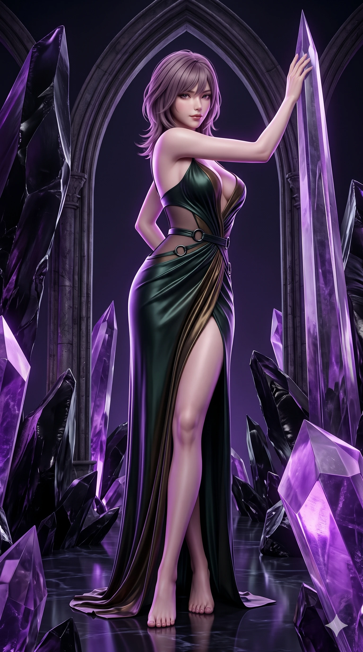 score_9, masterpiece, best quality, ultra-detailed, high-budget anime keyframe, semi-realistic 3D game render, editorial fashion photography, tasteful artistic composition, Japanese woman. low angle full-body shot from head to toe showing her feet, filling the entire 9:16 vertical frame with her statuesque presence, stretching her vertical silhouette. standing tall beside the towering gothic arch, one hand resting high while arching her lower back to emphasize her sculpted feminine curves while leaning against a towering crystalline needle with hips cocked back, casting an intoxicating, sultry bedroom-gaze over a bare shoulder. The surrounding environment is rendered in vivid detail and crisp panoramic clarity: sharp conchoidal obsidian fracture edges, luminous amethyst crystal facet clarity, and smooth reflective basalt floor in deep focus. She has an absolutely perfect, statuesque 8.5-heads proportion, an exceptionally tall and slender model-like female figure with impossibly long slender legs, an ultra-slim waist, a flat toned midriff, narrow delicate ribcage, and beautifully sculpted feminine hips creating a graceful, slim hourglass silhouette without any bulky heaviness. sharp v-shaped jawline, high-bridge nose, intricate jewel-like dark sparkling eyes with hypnotic seductive depth, thick curled eyelashes, glossy parted lips with a natural wine sheen, alluring bedroom-eyes with an enigmatic smoldering smile, exuding magnetic sovereign charisma and dark avant-garde glamour, flawlessly proportioned anatomical accuracy, strict slender model proportions, natural body alignment, perfectly sculpted long slender limbs, ultra-slim waistline, clean dynamic posture without body distortion. wearing an alluring plunging sweetheart bodice dress with sheer mesh side-waist cutouts contouring her ribs in dark emerald green and antique bronze, made of liquid dark mercury jersey with seamless sculpting hold and fluid drape, trimmed with dark chrome ring hardware along the waist contours, the high-slit wrap tailoring accentuating her ultra-slim waistline and the enchanting curve of her feminine hips with alluring seductive charm. illuminated by crystalline floor bounce and sharp amethyst-violet rim lights defining her razor-sharp jawline, narrow waist, and curvy hips. highly saturated vibrant anime colors, detailed shading with soft gradients, rich glossy textures, high-contrast stereoscopic depth, volumetric dynamic lighting, master piece, 9:16 ratio