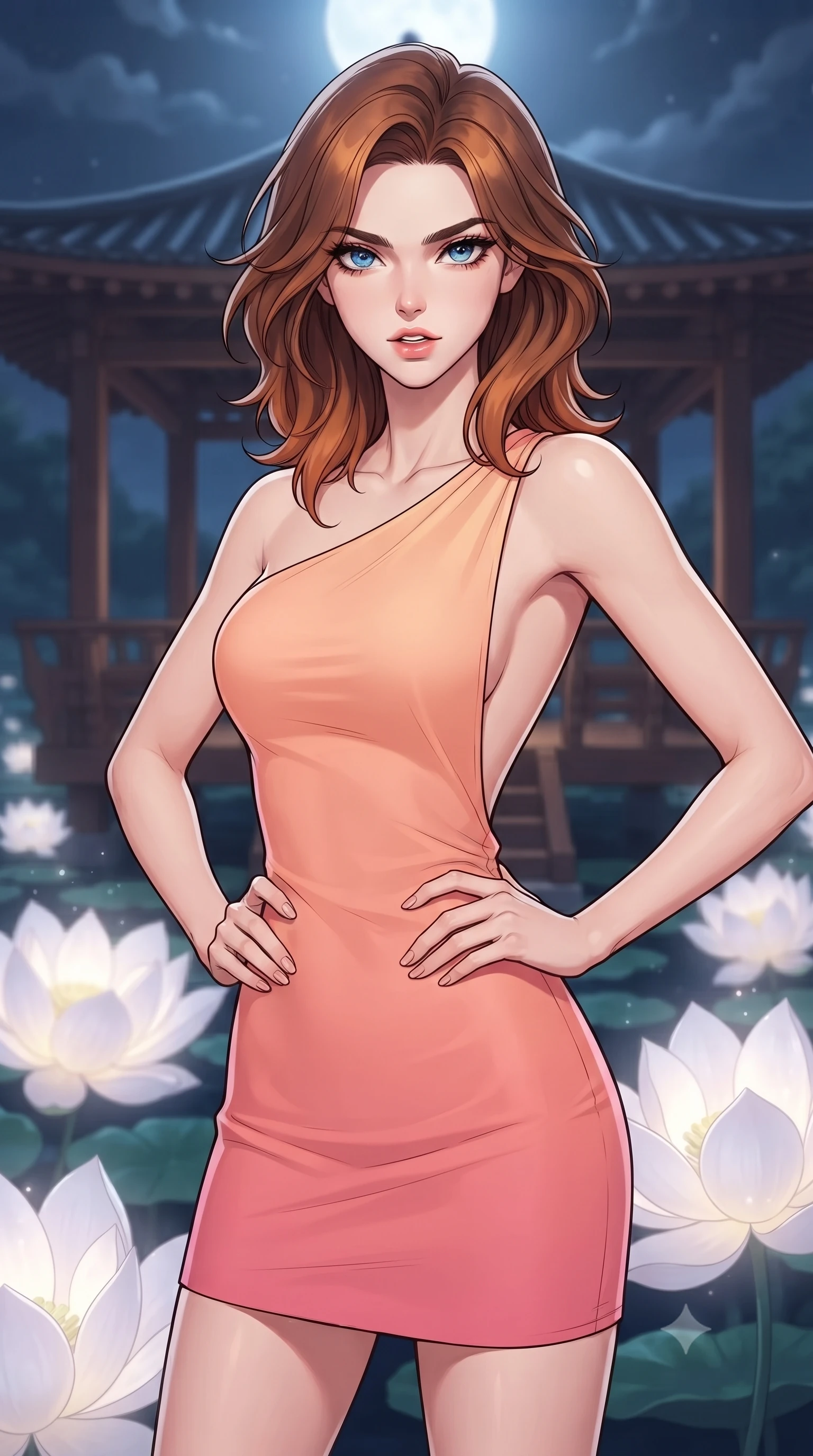 score_9, masterpiece, best quality, ultra-detailed, high-budget anime keyframe, gorgeous anime illustration, with clean line-art and distinct ink outlines, Korean woman. close-up cowboy shot from the waist and thighs up, the character dominates the composition, filling the frame with her large presence, background elements kept in soft focus. Looking directly at the camera with a bold fearless expression and parted lips. set against a soft-focus background of on a wooden pavilion built over a dark lagoon filled with giant moon-lotus flowers that open only under the full moon, white petals glowing and releasing silver mist. She has an exceptionally elegant and slender, willowy female figure with an ultra-slim waist, a gracefully sculpted slender torso, and a refined slim physique. sharp v-shaped jawline, high-bridge nose, intricate jewel-like eyes with depth, thick eyelashes, glossy lips with a natural sheen. wearing an asymmetric one-shoulder mini dress in a peach-to-pink gradient with a scooped open back. pure silver moonlight from above casting soft shadows, with a soft white inner glow from the lotus blossoms. 2k, ultra detail, master piece, 9:16 ratio, vibrant anime color palette, detailed cel-shading with soft gradients, rich contrast, dynamic lighting, 2d animation style