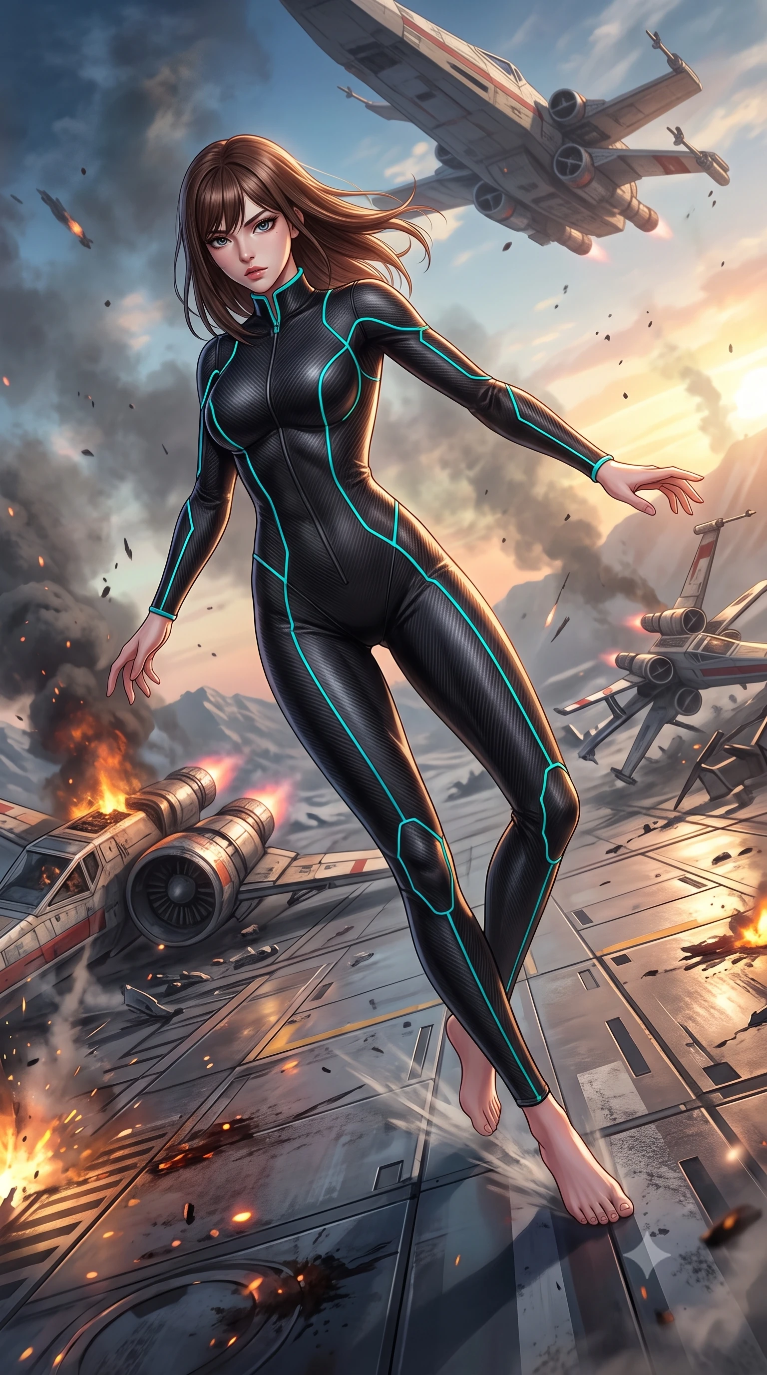 score_9, masterpiece, best quality, ultra-detailed, high-budget anime keyframe, editorial fashion photography, tasteful artistic composition, Korean woman. low angle full-body shot from head to toe showing her feet, filling the entire 9:16 vertical frame with her statuesque presence, stretching her vertical silhouette. skidding across a metal flight deck as the starship tilts violently during battle inside a planetary moon surface littered with the wreckage of starfighters, smoke still rising from some engines. She has a statuesque 8.5-heads proportion, an exceptionally tall, slender and willowy model-like build with impossibly long legs and a highly sculpted ultra-slim waist. sharp v-shaped jawline, high-bridge nose, intricate jewel-like eyes with depth, thick eyelashes, glossy lips with a natural sheen. wearing tailored for maximum mobility, sleek form-contouring panels that allow fluid movement, a body-hugging form-contouring matte black carbon-fiber jumpsuit with neon cyan piping, tracing her slender silhouette with a sleek high collar. highly saturated vibrant anime colors, intense vivid color palette, soft 3D volumetric shading, volumetric dynamic lighting, sunset lighting filtering through battle smoke and metallic debris. 2k, ultra detail, master piece, 9:16 ratio