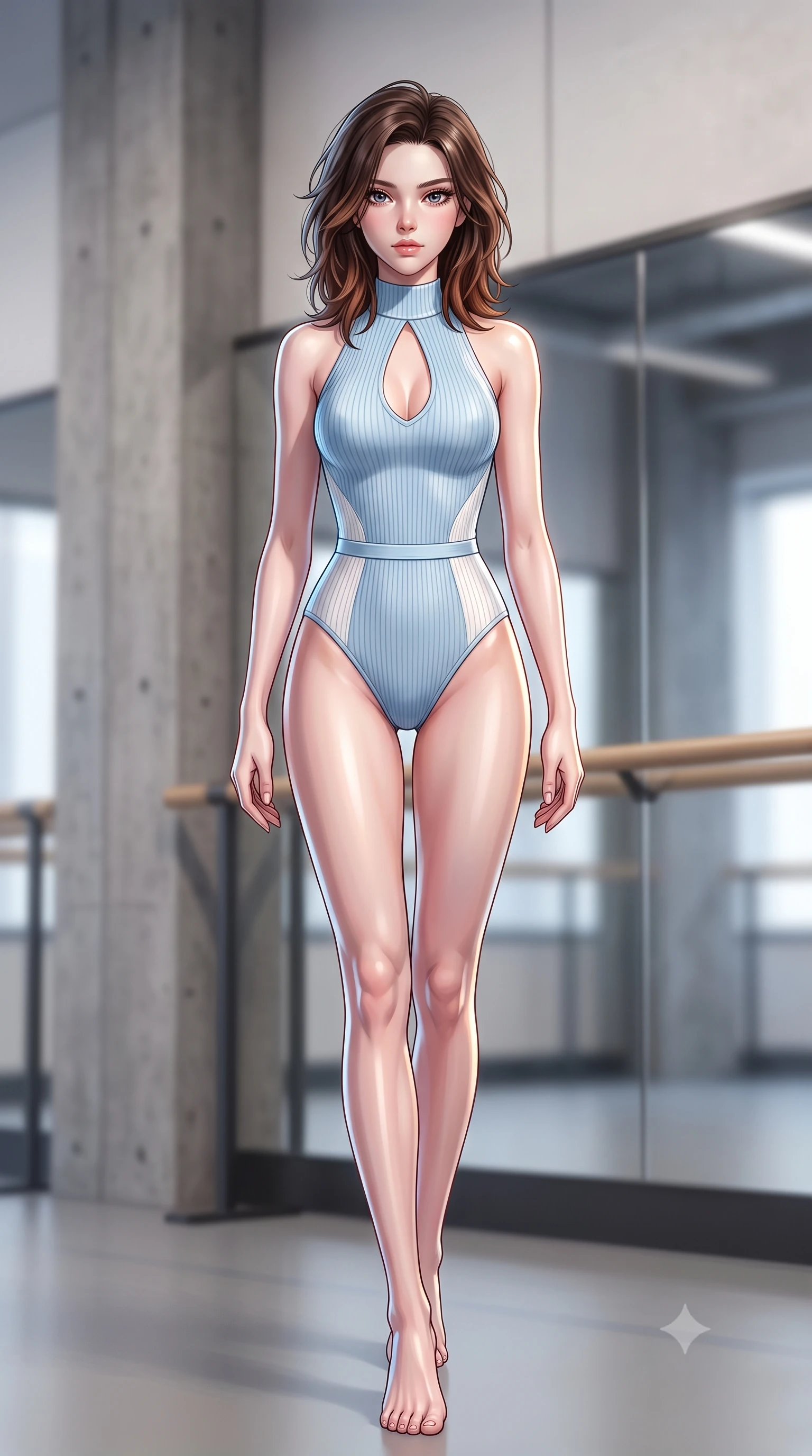 score_9, masterpiece, best quality, ultra-detailed, high-budget anime keyframe, semi-realistic 3D game render, editorial fashion photography, tasteful artistic composition, Korean woman. low angle full-body shot from head to toe showing her feet, filling the entire 9:16 vertical frame with her statuesque presence, stretching her vertical silhouette. striding forward in a proud supermodel runway stride, hips swaying in an alluring kinetic rhythm that accentuates her curvy hourglass silhouette while executing an elegant mid-motion arabesque turn before the mirrors, the tight fabric sculpting her feminine hip contour with statuesque precision. The composition keeps background elements in soft focus with creamy bokeh. minimalist architectural concrete pillars and barre stands softened in clean artistic depth. She has an absolutely perfect, statuesque 8.5-heads proportion, an exceptionally tall and slender model-like female figure with impossibly long slender legs, a toned flat midriff, an ultra-slim waist, and beautifully sculpted feminine hips. sharp v-shaped jawline, high-bridge nose, intricate jewel-like eyes with depth, thick eyelashes, glossy parted lips with a natural sheen, intensely captivating and seductive bedroom-eyes expression, flawlessly proportioned anatomical accuracy, strict slender model proportions, natural body alignment, perfectly sculpted long slender limbs, ultra-slim waistline, clean dynamic posture without body distortion. wearing a high-neck dance leotard with keyhole chest cutout and low-cut backline in icy powder blue and pearl white, knitted from ultra-soft fine cashmere blend with body-contouring ribbing, finished with a thin elastic waist band emphasizing her ultra-slim midriff, the liquid-tight tailored fabric clinging flawlessly to her narrow waist and rounded feminine hips, emphasizing every millimeter of her sculpted hourglass curves during movement. illuminated by crisp specular rim lights accentuating her narrow waist, curved hips, and long legs. highly saturated vibrant anime colors, detailed shading with soft gradients, rich glossy textures, high-contrast stereoscopic depth, volumetric dynamic lighting, master piece, 9:16 ratio