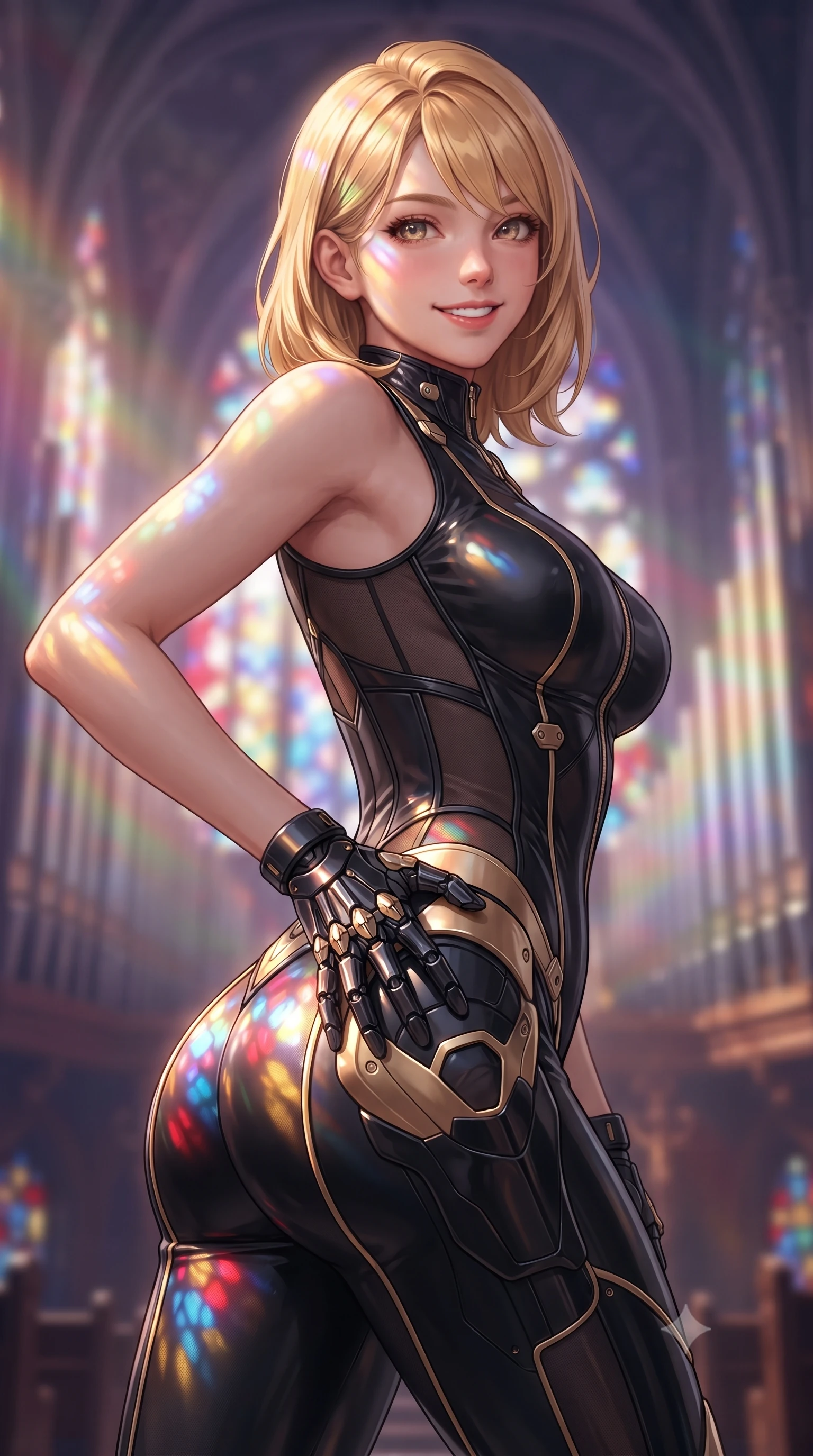 score_9, masterpiece, best quality, ultra-detailed, high-budget anime keyframe, editorial fashion photography, tasteful artistic composition, Caucasian woman. close-up cowboy shot from the waist and thighs up, the character dominates the composition, filling the frame with her large presence. twisting her slender torso in an alluring contrapposto stance, one hand resting on her sculpted hip armor while glancing back with effortless sovereign poise while twisting her slender torso in an alluring contrapposto stance, vertical laser organ pipes casting stained-glass light across her hips and waist. The background shows a soft-focus soaring gothic cyber-arches and massive laser pipe organs playing visible light frequencies blurred into stained-glass rainbow, violet, and gold bokeh. She has an exceptionally elegant, slender, and willowy female figure with an ultra-slim waist, flat toned midriff, narrow ribcage, and sculpted feminine hips creating an alluring, slim hourglass silhouette without bulk. sharp v-shaped jawline, high-bridge nose, intricate jewel-like sparkling eyes with depth, thick eyelashes, glossy parted lips with a natural sheen, bright confident smile with an enchanting and coquettish sensual glint, exuding both youthful magnetic charm and sovereign high-tech allure, flawlessly proportioned anatomical accuracy, strict slender model proportions, natural body alignment, perfectly sculpted long slender limbs, ultra-slim waistline, clean dynamic posture without body distortion. wearing a sleeveless high-collar cyber pilot suit in liquid-look obsidian jersey with strategic sheer ventilation panels in glossy onyx black and warm champagne gold hardware, crafted from lightweight aerodynamic matte carbon-fiber weave with structural stiffness, finished with delicate carbon-fiber boning framing the narrow waistline, the form-fitting tactical tailoring adhering flawlessly to her sculpted flat midriff and slender torso, emphasizing her long leg lines and perfectly proportioned willowy build. bathed in majestic stained-glass laser light cascading through towering digital rose windows. ultra-reflective glossy finish, specular highlights, rich textural contrasts, high-contrast stereoscopic depth, volumetric dynamic lighting, 2k, ultra detail, master piece, 9:16 ratio