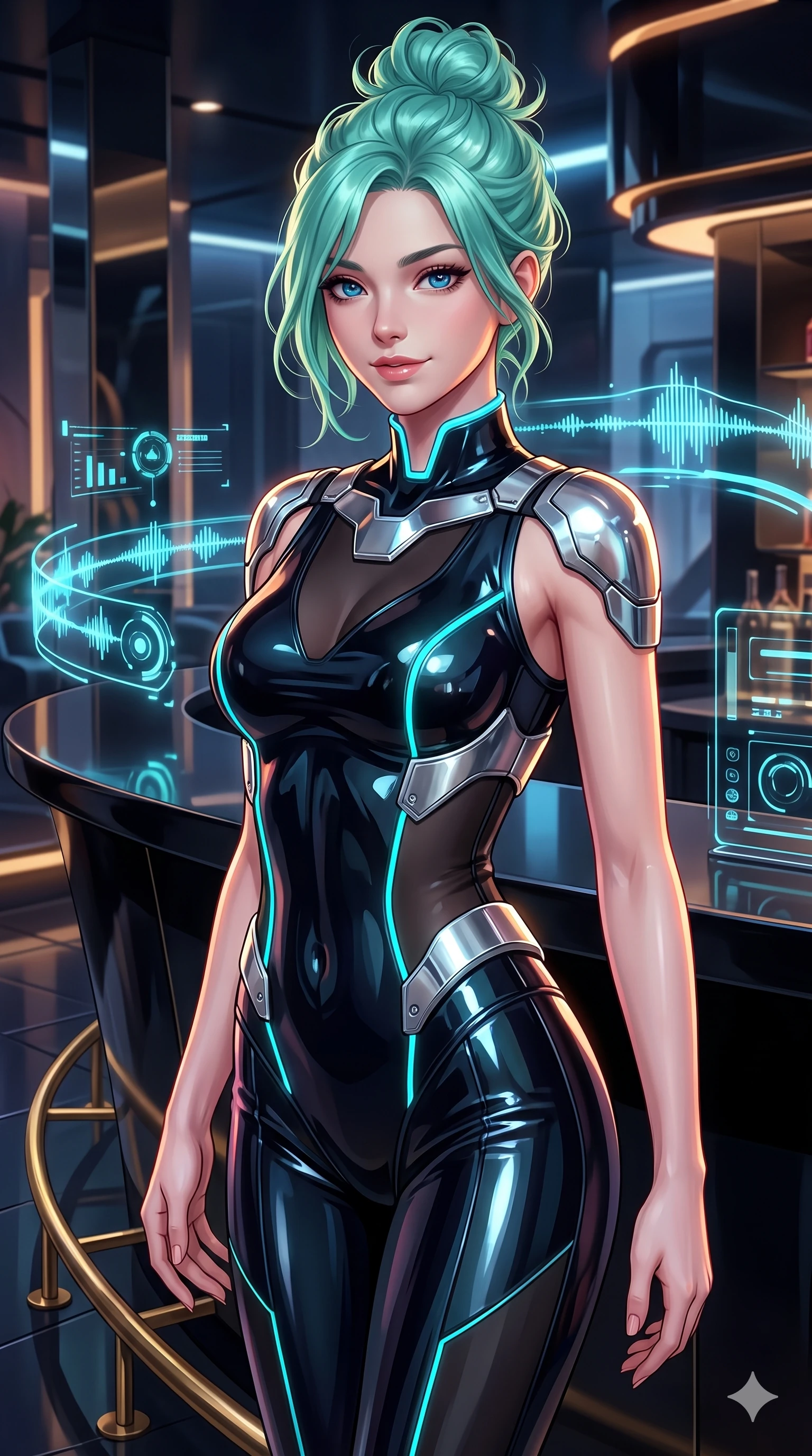 score_9, masterpiece, best quality, ultra-detailed, high-budget anime keyframe, semi-realistic 3D game render, editorial fashion photography, tasteful artistic composition, Japanese woman. close-up cowboy shot from the waist and thighs up, the character dominates the composition, filling the frame with her large presence. turning slowly with an enchanting smoldering smile, her glossy hair tossing as her hips angle gracefully in a captivating contrapposto while standing poised beside the sculptural obsidian bar counter, arching her lower back with sovereign supermodel poise as floating soundwave ribbons ripple around her. The surrounding environment is rendered in vivid detail and crisp panoramic clarity: sharp laser-cut brass bar footrests, mirror reflections on polished black obsidian, and crisp glowing visualizer nodes in deep focus. She has an exceptionally elegant, slender, and willowy female figure with an ultra-slim waist, flat toned midriff, narrow ribcage, and sculpted feminine hips creating an alluring, slim hourglass silhouette without bulk. sharp v-shaped jawline, high-bridge nose, intricate jewel-like sparkling eyes with depth, thick eyelashes, glossy parted lips with a natural sheen, bright confident smile with an enchanting and coquettish sensual glint, exuding both youthful magnetic charm and sovereign high-tech allure, flawlessly proportioned anatomical accuracy, strict slender model proportions, natural body alignment, perfectly sculpted long slender limbs, ultra-slim waistline, clean dynamic posture without body distortion. wearing a sleeveless high-collar cyber pilot suit in liquid-look obsidian jersey with strategic sheer ventilation panels in matte obsidian black and glowing neon cyan trim, tailored from ultra-reflective glossy liquid vinyl with mirror-like specular highlights, accented with strategically placed chrome armor plate guards covering key curves, the glove-like clinging cut tightly following the natural contour of her hips and long slender legs with youthful 8.5-heads elegance. illuminated by counter surface bounce and sharp amber-violet rim lights sculpting her razor-sharp jawline, narrow waist, and curvy hips. highly saturated vibrant anime colors, detailed shading with soft gradients, rich glossy textures, high-contrast stereoscopic depth, volumetric dynamic lighting, master piece, 9:16 ratio