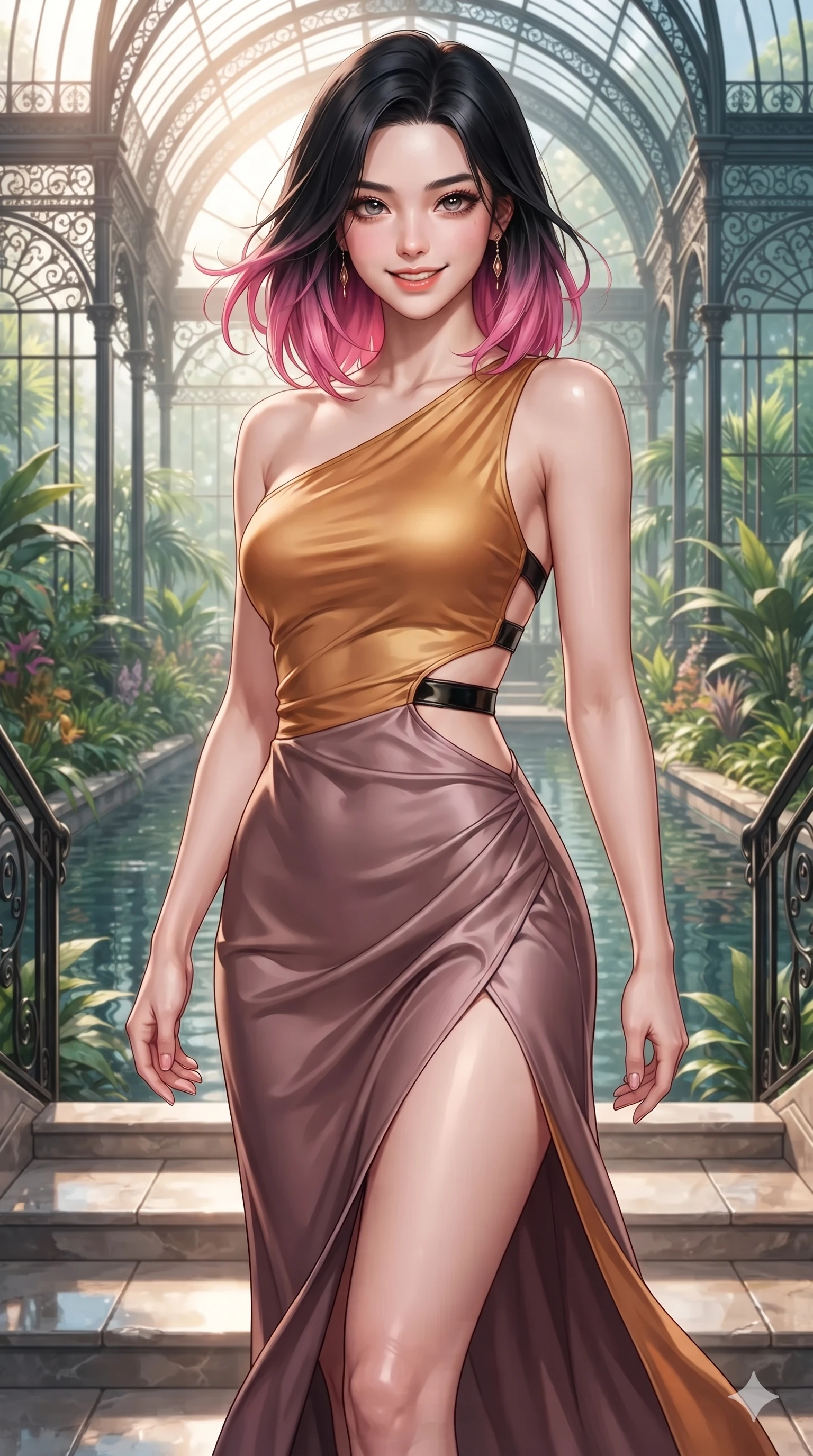 score_9, masterpiece, best quality, ultra-detailed, high-budget anime keyframe, editorial fashion photography, tasteful artistic composition, Korean woman. close-up cowboy shot from the waist and thighs up, the character dominates the composition, filling the frame with her large presence. turning slowly with an enchanting smoldering smile, her glossy hair tossing in the breeze as her hips angle gracefully in a captivating contrapposto while walking slowly down the bridge steps with feline poise, her long slender legs and curvy hourglass hips commanding the grand water conservatory. The surrounding environment is rendered in vivid detail and crisp panoramic clarity: detailed gold sequin wrap skirt cling, plunging halter sports top, and imperial greenhouse craft in razor-sharp precision. She has an exceptionally elegant, slender, and willowy female figure with an ultra-slim waist, flat toned midriff, narrow ribcage, and sculpted feminine hips creating an alluring, slim hourglass silhouette without bulk. sharp v-shaped jawline, high-bridge nose, sparkling eyes with hypnotic seductive depth, thick curled eyelashes, glossy parted lips with a natural dewy peach sheen, alluring bedroom-eyes with an enchanting coquettish smile, exuding magnetic siren charisma and sophisticated glamour, flawlessly proportioned anatomical accuracy, strict slender model proportions, natural body alignment, perfectly sculpted long slender limbs, ultra-slim waistline, clean dynamic posture without body distortion. wearing an asymmetric one-shoulder liquid jersey nymph dress with dramatic hip-high slit and waist cutout in warm amber honey and rustic dried lavender, crafted from fluid liquid silk satin that clings smoothly to every curve with a dewy sheen, featuring an open-back criss-cross harness strap in patent black leather, the form-contouring silhouette accentuating her sculpted flat midriff, narrow delicate ribcage, and gracefully curvy hips with intoxicating allure. illuminated by canal water surface bounce and sharp platinum-gold rim lights defining her razor-sharp jawline, narrow waist, and curvy hips. ultra-reflective glossy finish, specular highlights, rich textural contrasts, high-contrast stereoscopic depth, volumetric dynamic lighting, 2k, ultra detail, master piece, 9:16 ratio