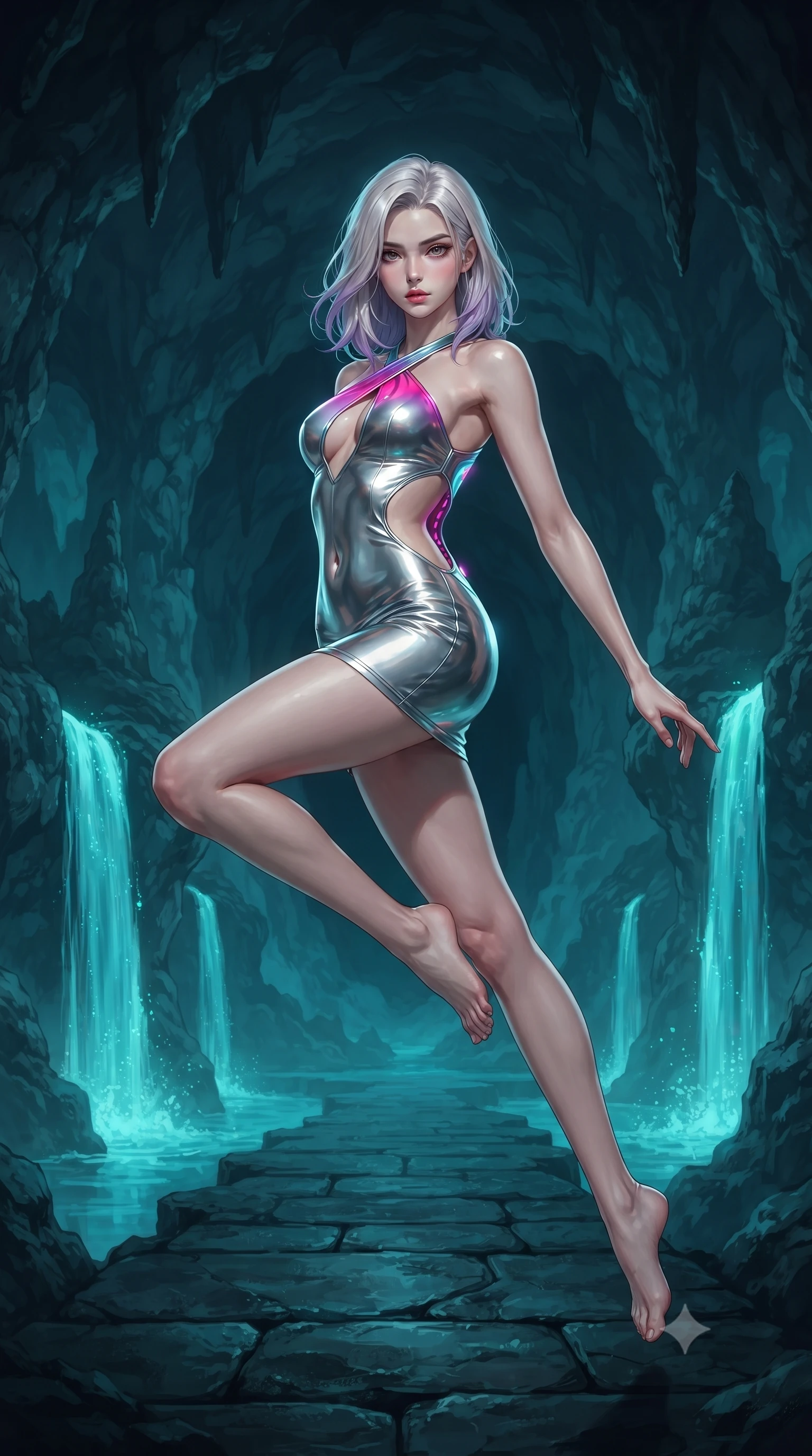 score_9, masterpiece, best quality, ultra-detailed, high-budget anime keyframe, editorial fashion photography, tasteful artistic composition, Caucasian woman. low angle full-body shot from head to toe showing her feet, filling the entire 9:16 vertical frame with her statuesque presence, stretching her vertical silhouette. performing an alluring mid-air vault with flawless poise, looking directly into the camera with smoldering intensity while stepping along a black quartz pathway flanked by cascading bioluminescent turquoise waterfalls. The surrounding environment is rendered in vivid detail and crisp panoramic clarity. deep chiaroscuro subterranean cavern details captured with environmental precision. She has an absolutely perfect, statuesque 8.5-heads proportion, an exceptionally tall and slender model-like female figure with impossibly long slender legs and an ultra-slim waist. sharp v-shaped jawline, high-bridge nose, intricate jewel-like eyes with depth, thick eyelashes, glossy lips with a natural sheen, flawlessly proportioned anatomical accuracy, natural body alignment, perfectly sculpted elegant limbs, clean dynamic posture without body distortion. wearing a molten silver liquid-metal mini dress featuring deep side-waist cutouts and a daring crossover halter neckline in chromatic platinum and blazing neon magenta, crafted from ultra-reflective second-skin latex with a glass-like polish, featuring a dangerously unzipped neckline framed by glowing cybernetic accents, the daring cutouts accentuating her delicate midriff, graceful collarbones, and feminine contour. surrounded by a mysterious, pristine, and alluringly cool aquatic grotto atmosphere. ultra-reflective glossy finish, specular highlights, metallic sheen, high-contrast stereoscopic depth, volumetric dynamic lighting, 2k, ultra detail, master piece, 9:16 ratio