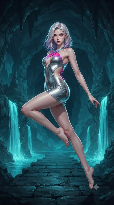 score_9, masterpiece, best quality, ultra-detailed, high-budget anime keyframe, editorial fashion photography, tasteful artistic composition, Caucasian woman. low angle full-body shot from head to toe showing her feet, filling the entire 9:16 vertica
