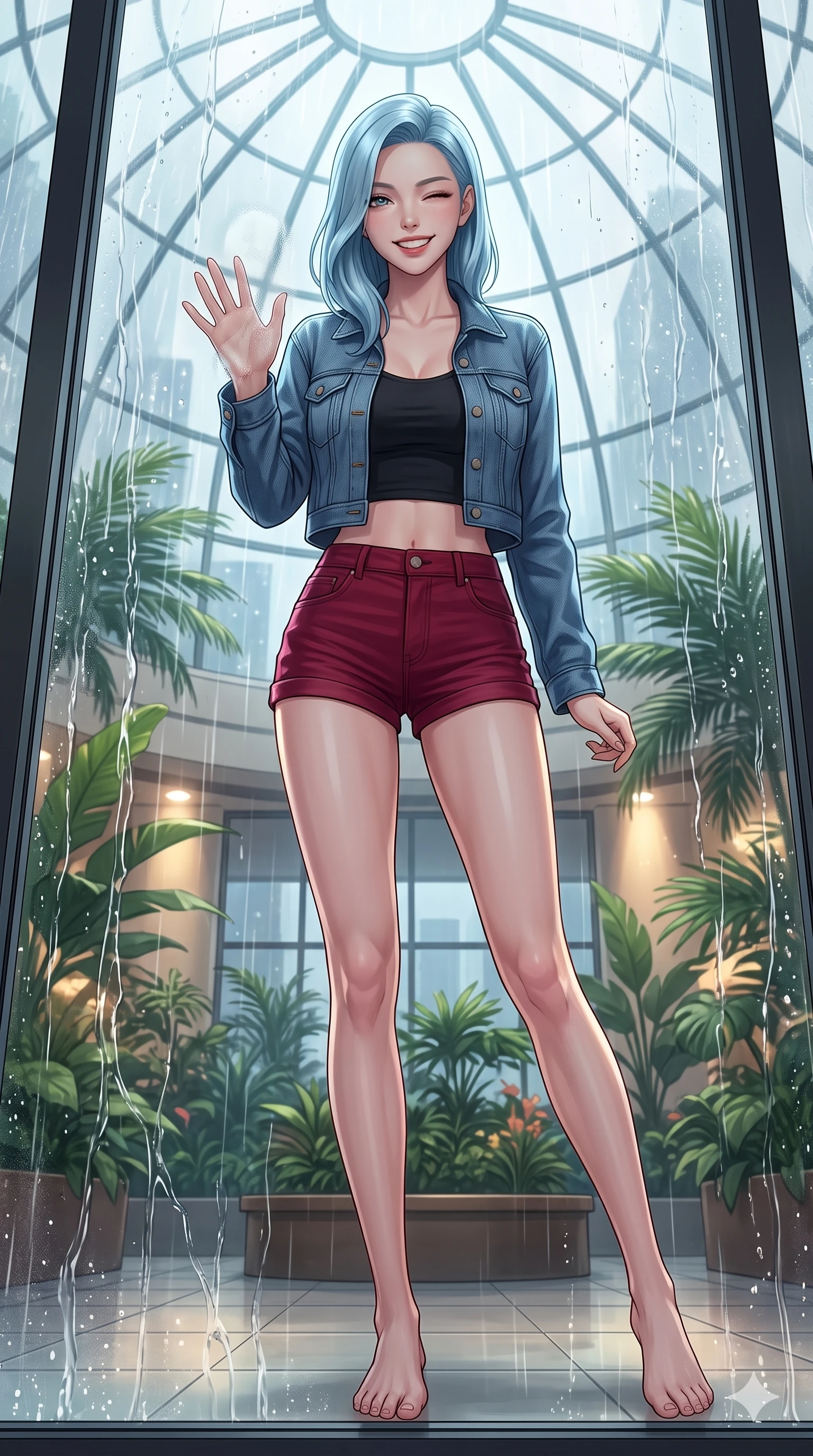 score_9, masterpiece, best quality, ultra-detailed, high-budget anime keyframe, vibrant anime aesthetic, Korean woman. low angle full-body shot from head to toe showing her feet, filling the entire 9:16 vertical frame with her statuesque presence, stretching her vertical silhouette. She is peering through a rain-streaked window, winking with a playful grin, gazing softly at the camera lens under the glass conservatory dome. inside a modern glass atrium of a hotel lobby filled with tropical plants and warm spotlights, looking at a rain shower (Code-P22-048). She has an absolutely perfect 8-heads proportion, an exceptionally tall and slender female figure with impossibly long slender legs and an ultra-slim waist. V-shaped jawline, high-bridge nose, intricate jewel-like eyes with depth, thick eyelashes, glossy lips with a natural sheen. wearing a cropped denim jacket over a fitted crop top and short-shorts in deep crimson. She is drenched in soft daylight filtering through rain-streaked glass panels, highlighting her V-shaped jawline in the cozy indoor garden. 2k, ultra detail, master piece, 9:16 ratio