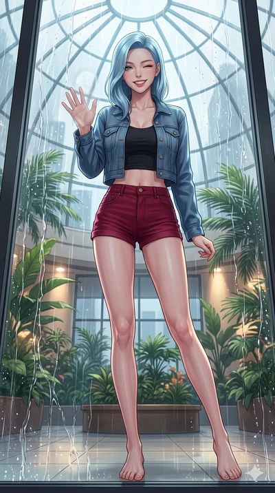 score_9, masterpiece, best quality, ultra-detailed, high-budget anime keyframe, vibrant anime aesthetic, Korean woman. low angle full-body shot from head to toe showing her feet, filling the entire 9:16 vertical frame with her statuesque presence, st