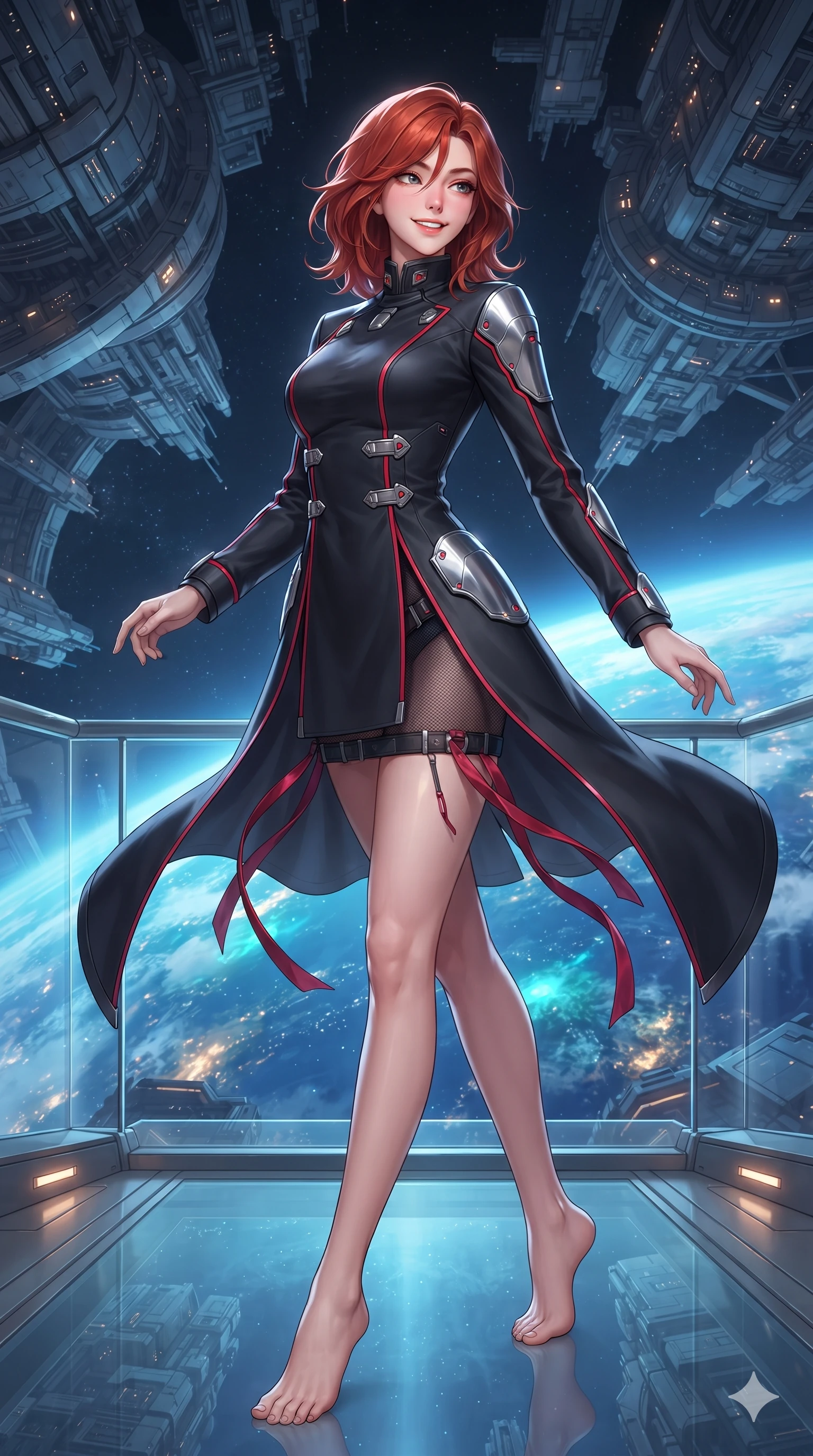 score_9, masterpiece, best quality, ultra-detailed, high-budget anime keyframe, editorial fashion photography, tasteful artistic composition, Korean woman. low angle full-body shot from head to toe showing her feet, filling the entire 9:16 vertical frame with her statuesque presence, stretching her vertical silhouette. executing a cheerful mid-motion pivot turn as her tactical belt and ribbons flutter around her slender legs, glancing over her shoulder with an intoxicating, teasing bedroom-gaze while twisting her slender torso in an alluring S-curve, brilliant blue earthlight and platinum ring reflections painting glowing highlights across her flat midriff and hourglass curves. The surrounding environment is rendered in vivid detail and crisp panoramic clarity: detailed cybernetic combat bodysuit, sheer nanotech mesh panels, and monumental orbital architecture in razor-sharp clarity. She has an absolutely perfect, statuesque 8.5-heads proportion, an exceptionally tall and slender model-like female figure with impossibly long slender legs, an ultra-slim waist, a flat toned midriff, narrow delicate ribcage, and beautifully sculpted feminine hips creating a graceful, slim hourglass silhouette without any bulky heaviness. sharp v-shaped jawline, high-bridge nose, intricate jewel-like sparkling eyes with depth, thick eyelashes, glossy parted lips with a natural sheen, bright confident smile with an enchanting and coquettish sensual glint, exuding both youthful magnetic charm and sovereign high-tech allure, flawlessly proportioned anatomical accuracy, strict slender model proportions, natural body alignment, perfectly sculpted long slender limbs, ultra-slim waistline, clean dynamic posture without body distortion. wearing a prestigious diplomatic high-neck sci-fi senate coat dress in structured nano-wool with polished titanium clasp hardware in midnight black lacquer and vibrant scarlet neon, tailored from brushed aeronautical titanium alloy with matte satin sheen, accented with strategically placed chrome armor plate guards covering key curves, the impeccably tailored cut draping gracefully along her slender figure with aristocratic poise. bathed in the glorious, unpolluted sapphire and turquoise radiance of the illuminated planet below mixed with subtle warm balcony accent lights. ultra-reflective glossy finish, specular highlights, rich textural contrasts, high-contrast stereoscopic depth, volumetric dynamic lighting, 2k, ultra detail, master piece, 9:16 ratio