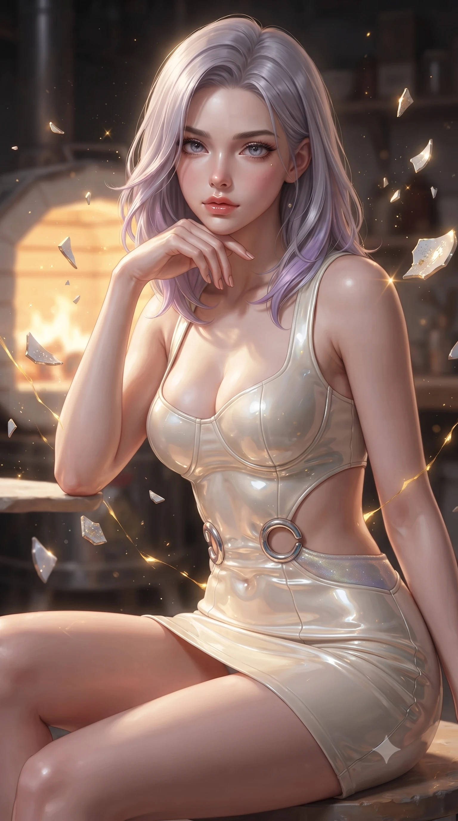 score_9, masterpiece, best quality, ultra-detailed, high-budget anime keyframe, editorial fashion photography, tasteful artistic composition, Caucasian woman. close-up cowboy shot from the waist and thighs up, the character dominates the composition, filling the frame with her large presence, background elements kept in soft focus. Resting her chin on the backs of her fingers with an air of effortless superiority, resting near a ceramic kiln as golden kintsugi light glows warmly around her, shattered porcelain shards suspended gracefully in zero-gravity. She has an exceptionally elegant, slender, and willowy female figure with an ultra-slim waist, a gracefully sculpted slender torso, and a refined silhouette. sharp v-shaped jawline, high-bridge nose, intricate jewel-like eyes with depth, thick eyelashes, glossy lips with a natural sheen. wearing dramatic open-waist cutout mini dress in opal velvet framed by chrome hardware in glowing ivory, made of high-gloss liquid pearl vinyl, accented with sculpted opal chrome rings at the waist, accentuating her gracefully sculpted slender torso. surrounded by a soft radiant inner glow and crisp metallic gold highlights. ultra-reflective glossy finish, specular highlights, metallic sheen, high-contrast stereoscopic depth, volumetric dynamic lighting, 2k, ultra detail, master piece, 9:16 ratio