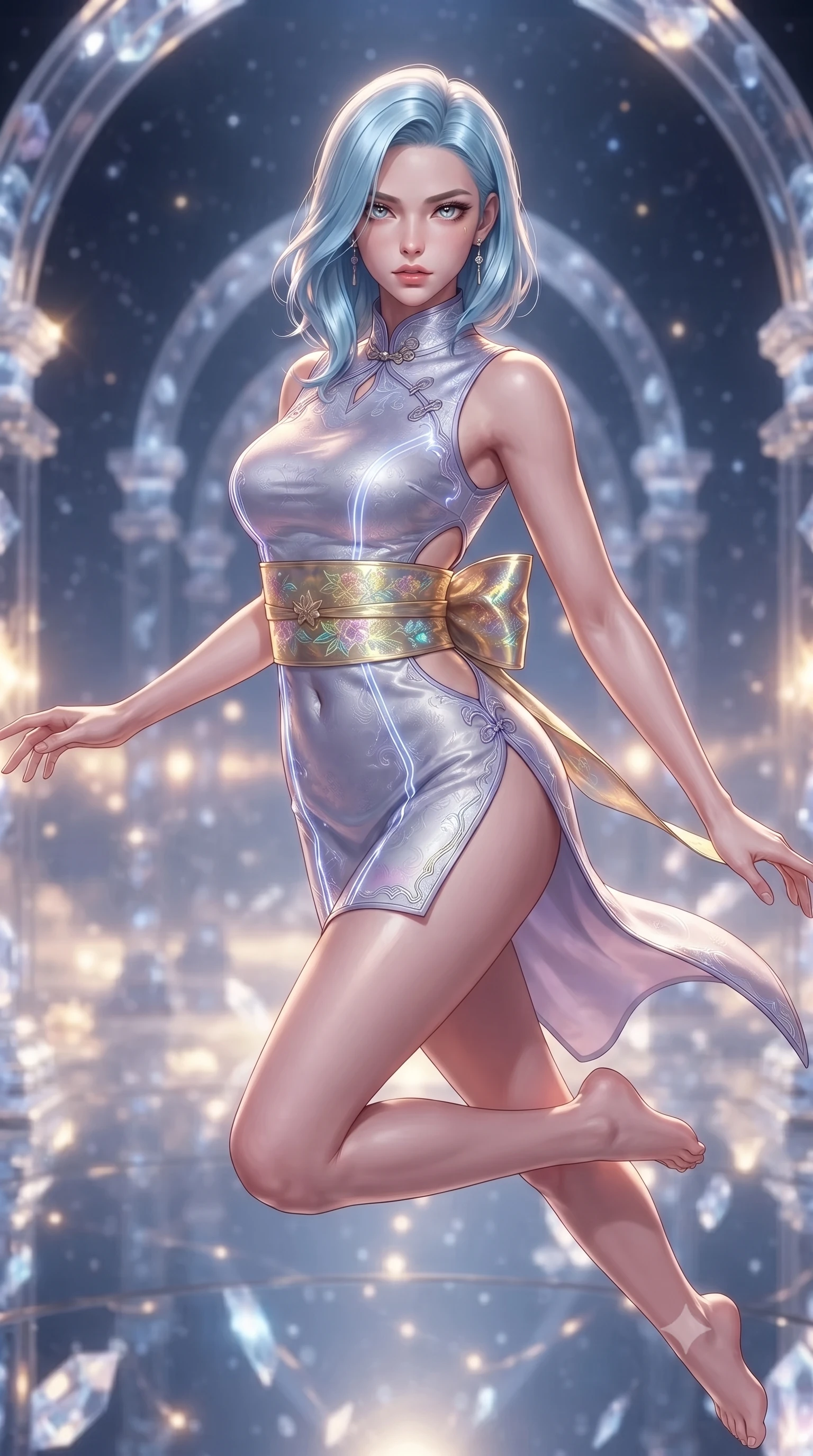 score_9, masterpiece, best quality, ultra-detailed, high-budget anime keyframe, editorial fashion photography, tasteful artistic composition, Korean woman. close-up cowboy shot from the waist and thighs up, the character dominates the composition, filling the frame with her large presence. radiating intense magnetic charisma with jewel-like eyes locked onto the viewer, her upper body turning in a dynamic, fluid S-curve while hovering suspended in the center of a celestial star map with an indomitable, radiant gaze locking onto the viewer. The composition keeps background elements in soft focus with creamy bokeh. infinite celestial mirror walls and floating crystal arches softened in dreamy shallow focus. She has an exceptionally elegant, slender, and willowy female figure with an ultra-slim waist, a gracefully sculpted slender torso, toned flat midriff, and a refined slim silhouette. sharp v-shaped jawline, high-bridge nose, intricate jewel-like eyes with depth, thick eyelashes, glossy lips with a natural sheen, captivating and magnetic expression, flawlessly proportioned anatomical accuracy, strict slender model proportions, natural body alignment, perfectly sculpted long slender limbs, ultra-slim waistline, clean dynamic posture without body distortion. wearing a futuristic embroidered qipao mini dress with glowing fiber-optic seams and side cutouts in moonlit silver and lavender mist, tailored from traditional lustrous satin with delicate hand-stitched borders, complemented by a wide metallic gold obi sash with holographic floral embroidery, the liquid-tight tailored fabric emphasizing every curve of her tall, slender model proportions and sculptured silhouette during dynamic movement. bathed in multidirectional celestial starlight and warm golden constellation backlighting. ultra-reflective glossy finish, specular highlights, rich textural contrasts, high-contrast stereoscopic depth, volumetric dynamic lighting, 2k, ultra detail, master piece, 9:16 ratio
