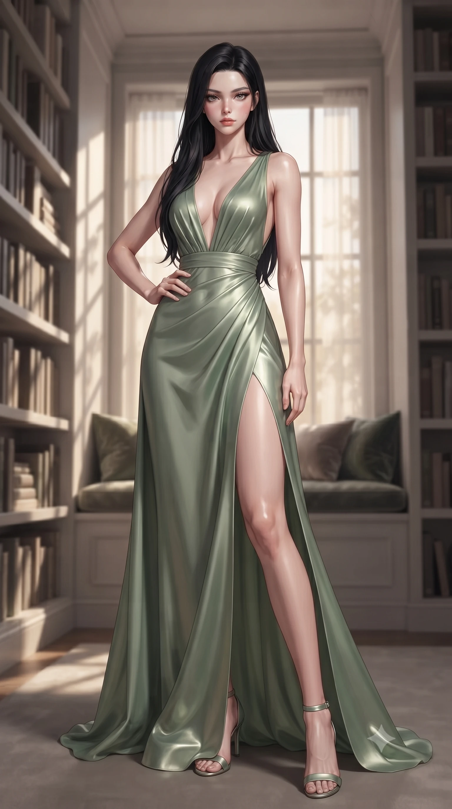 score_9, masterpiece, best quality, ultra-detailed, high-budget anime keyframe, editorial fashion photography, tasteful artistic composition, Korean woman woman. low angle full-body shot from head to toe showing her feet, filling the entire 9:16 vertical frame with her statuesque presence, stretching her vertical silhouette. posing confidently with one hand on her hip, stretching her statuesque body to emphasize her curves the background shows a soft-focus a quiet personal library room with bookshelves lining the walls and a plush window seat. She has an absolutely perfect, statuesque 8.5-heads proportion, an exceptionally tall and slender model-like female figure with impossibly long slender legs and an ultra-slim waist. sharp v-shaped jawline, high-bridge nose, intricate jewel-like eyes with depth, thick eyelashes, glossy lips with a natural sheen. wearing a slim-fit deep plunging-V neck maxi dress in sage green chiffon, featuring a high side slit ascending to mid-thigh. soft golden afternoon light filtering through the window, casting long shadow patterns. ultra-reflective glossy finish, specular highlights, metallic sheen, high-contrast stereoscopic depth, volumetric dynamic lighting, 2k, ultra detail, master piece, 9:16 ratio