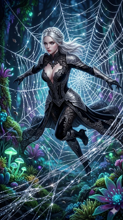 score_9, masterpiece, best quality, ultra-detailed, Set A: Photorealistic 8k CG, Japanese woman. Low angle cowboy shot filling the entire 9:16 frame with her statuesque presence. Leaping through a giant spiderweb made of silver silk. She has an absol