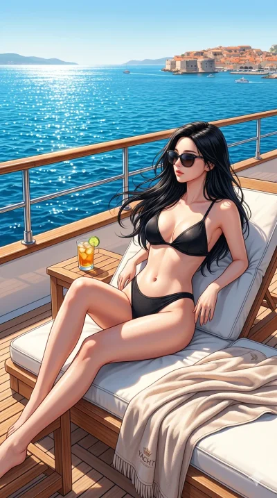 score_9, score_8_up, score_7_up, source_anime, masterpiece, best quality, ultra-detailed, same character with long black hair, wearing a black high-cut bikini, lounging on a luxury yacht in the Mediterranean, sparkling blue sea, sunglasses, 2k, ultra