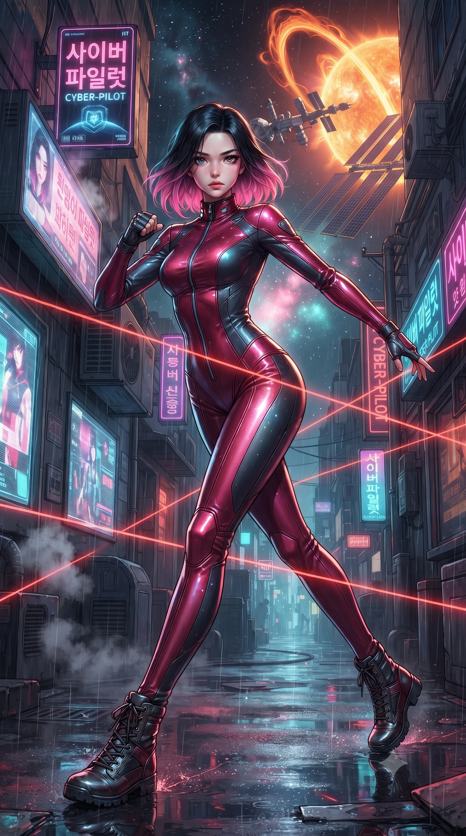 score_9, masterpiece, best quality, ultra-detailed, high-budget anime keyframe, editorial fashion photography, tasteful artistic composition, realistic cosplay photography, Korean woman. low angle full-body shot from head to toe showing her feet, filling the entire 9:16 vertical frame with her statuesque presence, stretching her vertical silhouette. dashing through rain-slicked cyberpunk alleyways, dodging laser tripwires with fluid agility through a space station orbiting a sun, a massive loop of orange solar plasma arching over the solar panels. She has a statuesque 8.5-heads proportion, an exceptionally tall, slender and willowy model-like build with impossibly long legs and a highly sculpted ultra-slim waist. sharp v-shaped jawline, high-bridge nose, intricate jewel-like eyes with depth, thick eyelashes, glossy lips with a natural sheen. wearing tailored for maximum mobility, sleek form-contouring panels that allow fluid movement, a body-hugging form-fitting cyber-pilot suit in deep crimson and charcoal panels, with aerodynamic seam lines contouring her slender waist and high collar. starlight and nebula glow casting soft cosmic pink and cyan highlights on her form. ultra-reflective glossy finish, specular highlights, metallic sheen, high-contrast stereoscopic depth, volumetric dynamic lighting, 2k, ultra detail, master piece, 9:16 ratio