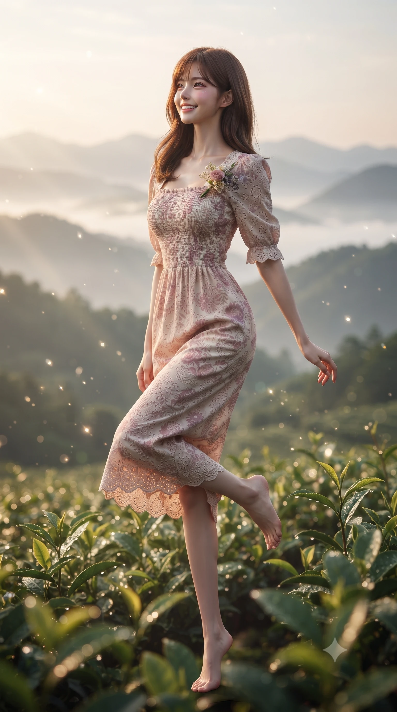 score_9, masterpiece, best quality, ultra-detailed, high-budget anime keyframe, editorial fashion photography, tasteful artistic composition, Korean woman. low angle full-body shot from head to toe showing her feet, filling the entire 9:16 vertical frame with her statuesque presence, stretching her vertical silhouette. standing poised on one leg with a playful hop and joyful expression, her long legs and slender figure highlighted against the landscape while gazing across layers of misty mountain ridges with sparkling, hopeful eyes and a radiant expression. The composition keeps background elements in soft focus with creamy bokeh. dewdrops on tea leaves catching early sunrise rays scattering sparkling diamond light motes. She has an absolutely perfect, statuesque 8.5-heads proportion, an exceptionally tall and slender model-like female figure with impossibly long slender legs, a toned flat midriff, and an ultra-slim waist. sharp v-shaped jawline, high-bridge nose, intricate jewel-like eyes with depth, thick eyelashes, glossy lips with a natural sheen, pure and lovely fresh girlhood expression, flawlessly proportioned anatomical accuracy, strict slender model proportions, natural body alignment, perfectly sculpted long slender limbs, ultra-slim waistline, clean dynamic posture without body distortion. wearing a sweet square-neck smocked midi dress decorated with delicate wildflower patterns in soft dusty rose and oatmeal beige, woven with delicate eyelet lace and breathable cotton voile, complemented by a delicate wildflower corsage pinned to the lapel, the body-hugging lightweight knit clinging delicately to her slender torso, accentuating her graceful neck and feminine lines. illuminated by gentle morning sunbeams casting a warm, dewy glow on her skin and attire. ultra-reflective glossy finish, specular highlights, rich natural textures, high-contrast stereoscopic depth, volumetric dynamic lighting, 2k, ultra detail, master piece, 9:16 ratio