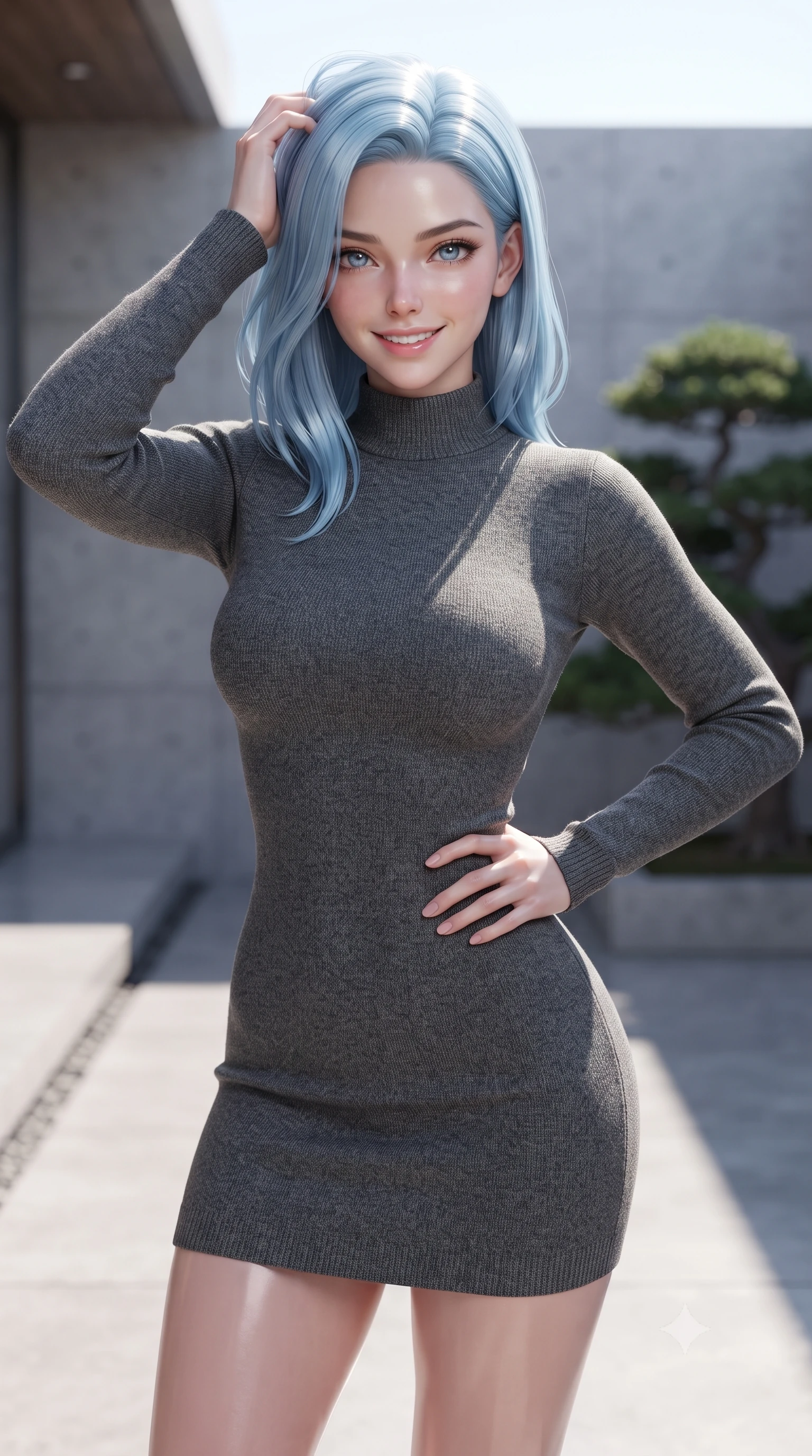 score_9, masterpiece, best quality, ultra-detailed, high-budget anime keyframe, editorial fashion photography, tasteful artistic composition, Korean woman woman. close-up cowboy shot from the waist and thighs up, the character dominates the composition, filling the frame with her large presence, background elements kept in soft focus. smiling with quiet, magnetic self-assurance directly into the camera, running a hand through her hair the background shows a soft-focus a minimalist outdoor bath deck with concrete walls and bonsai landscaping. She has an exceptionally elegant, slender, and willowy female figure with an ultra-slim waist, a gracefully sculpted slender torso, and a refined silhouette. sharp v-shaped jawline, high-bridge nose, intricate jewel-like eyes with depth, thick eyelashes, glossy lips with a natural sheen. wearing a slim-fit form-contouring bodycon sweater dress in charcoal grey, featuring a snug mock-neck. sharp morning sunbeams casting clean, structured shadows across the deck. ultra-reflective glossy finish, specular highlights, metallic sheen, high-contrast stereoscopic depth, volumetric dynamic lighting, 2k, ultra detail, master piece, 9:16 ratio